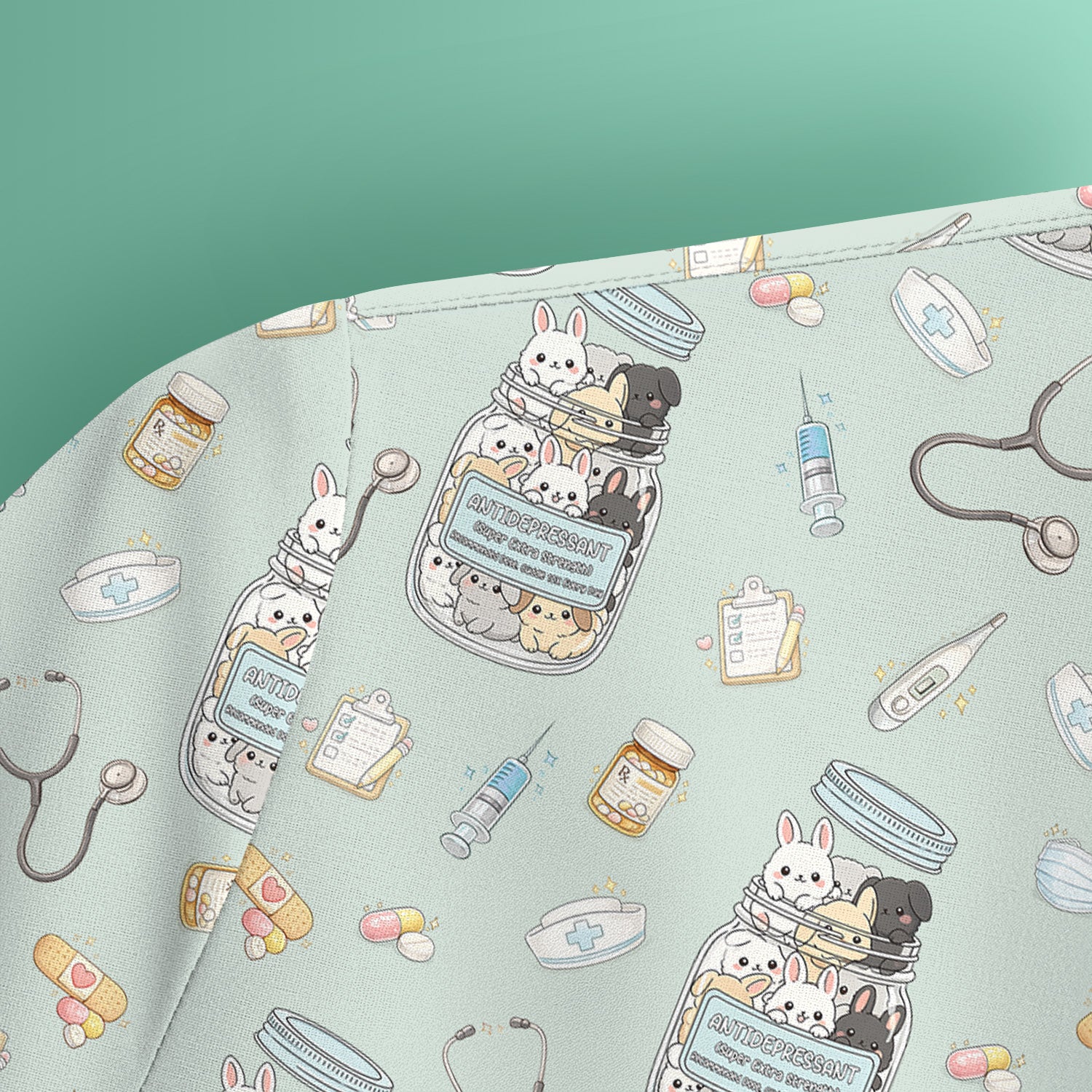 Whimsical Antidepressant Rabbit Jar Design Nurse Scrub Top, Soft & Breathable Workwear