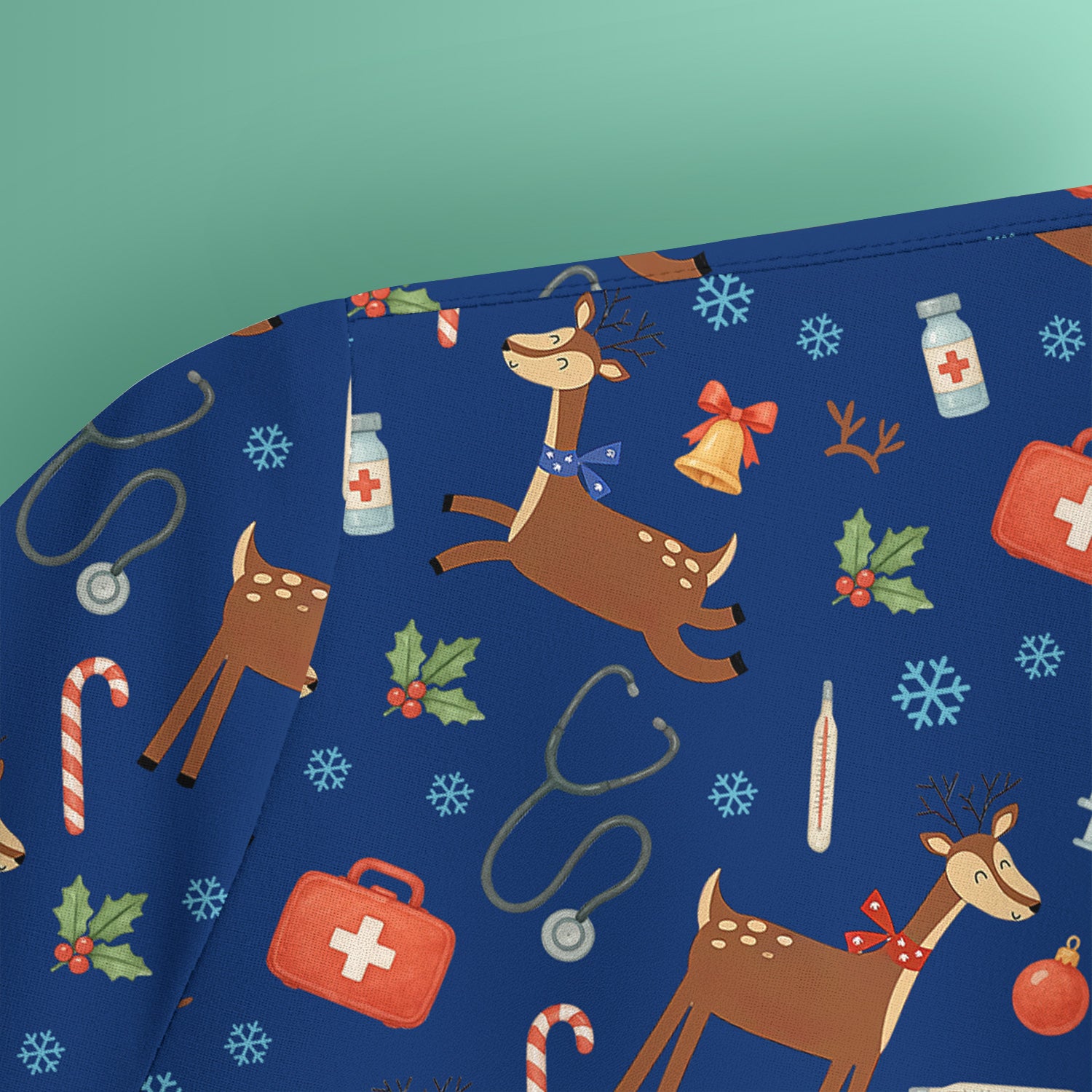 Christmas Reindeer Scrub Top for Nurses - Cute Reindeers Snowflakes Candy Canes Shirt - Comfortable Med Uniform