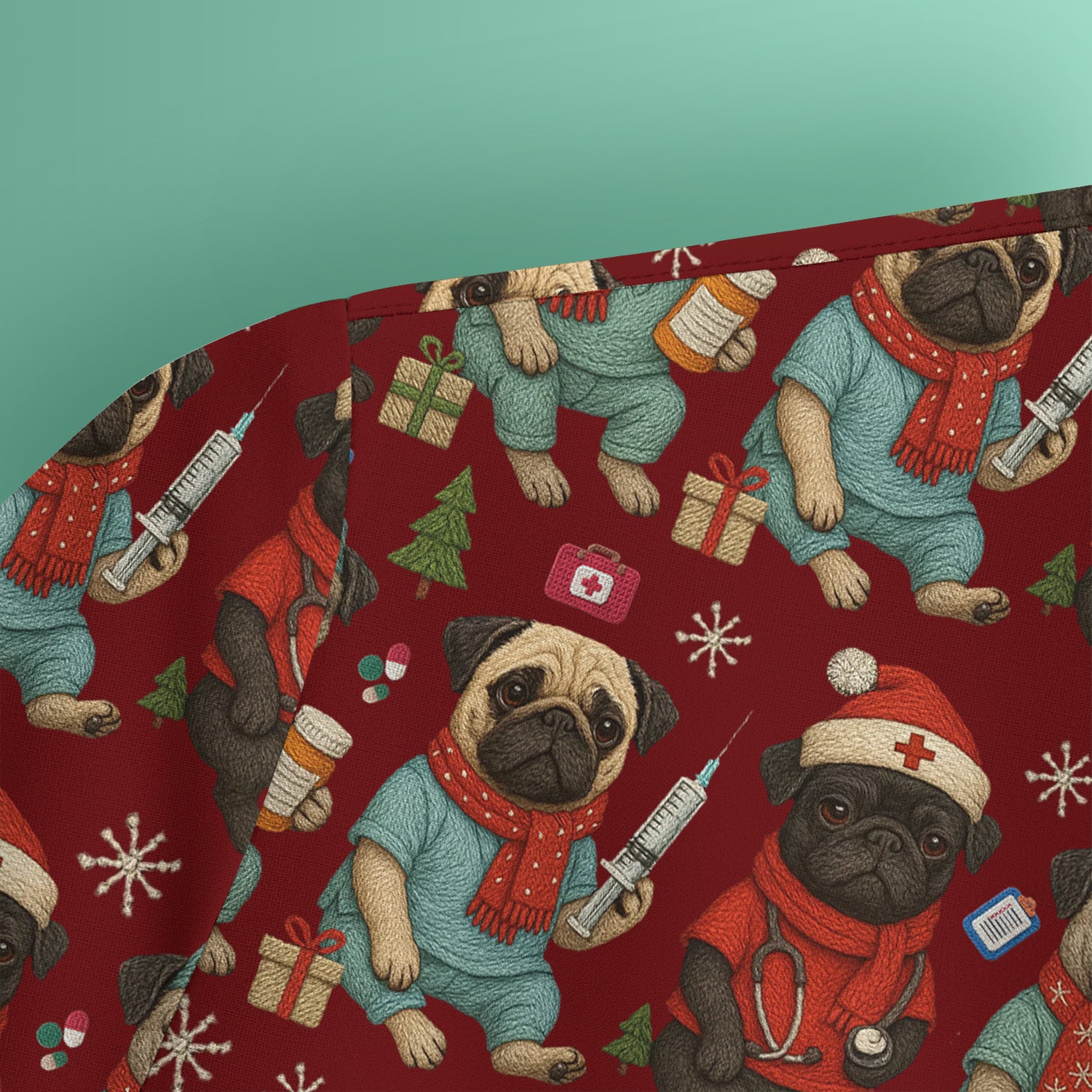 Christmas Pug Nurse Scrub Top, Cute Holiday Dog Medical Uniform Shirt For Nursing