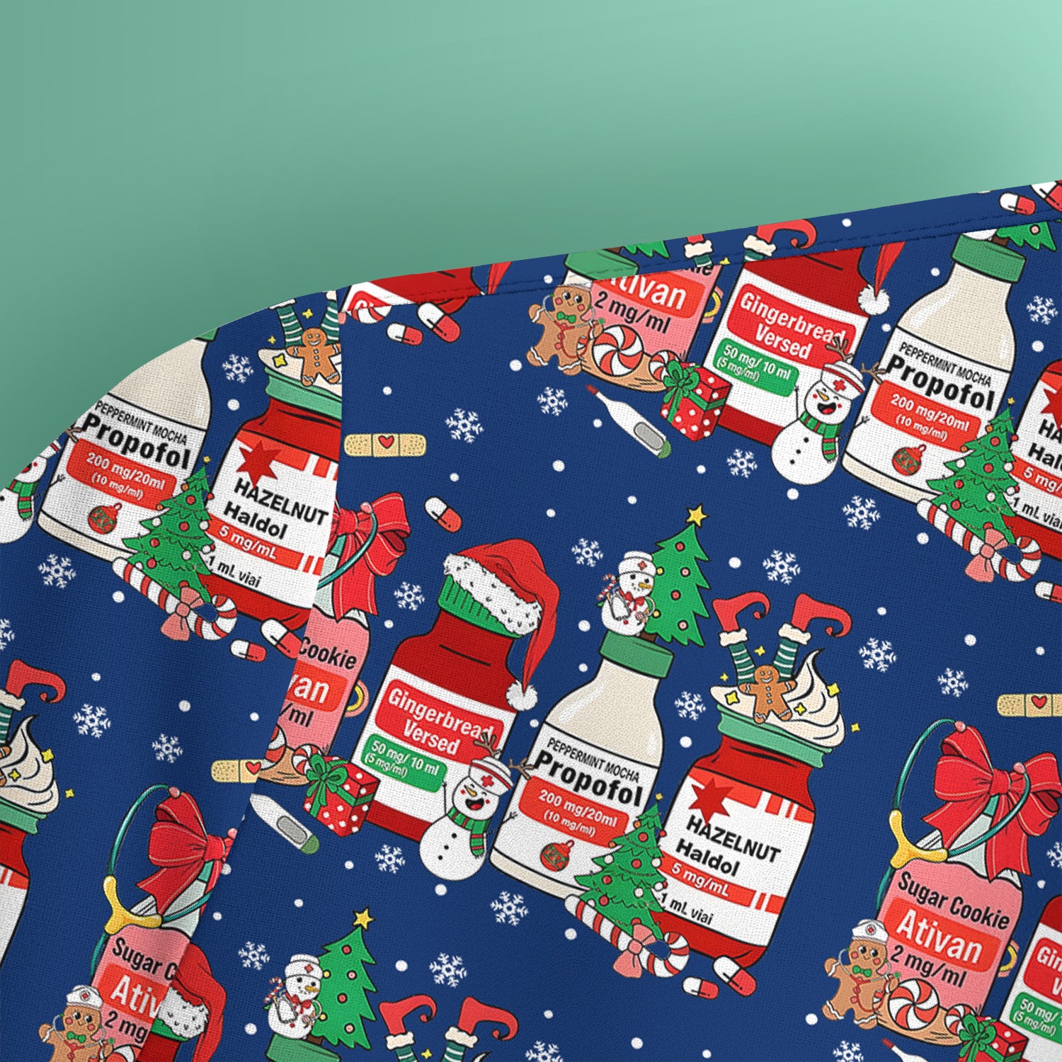 Funny Christmas Medication Scrub Top – Festive Holiday Pharma Bottles Pattern – Playful Medical Uniform for Nurses, Pharmacists & Healthcare Workers
