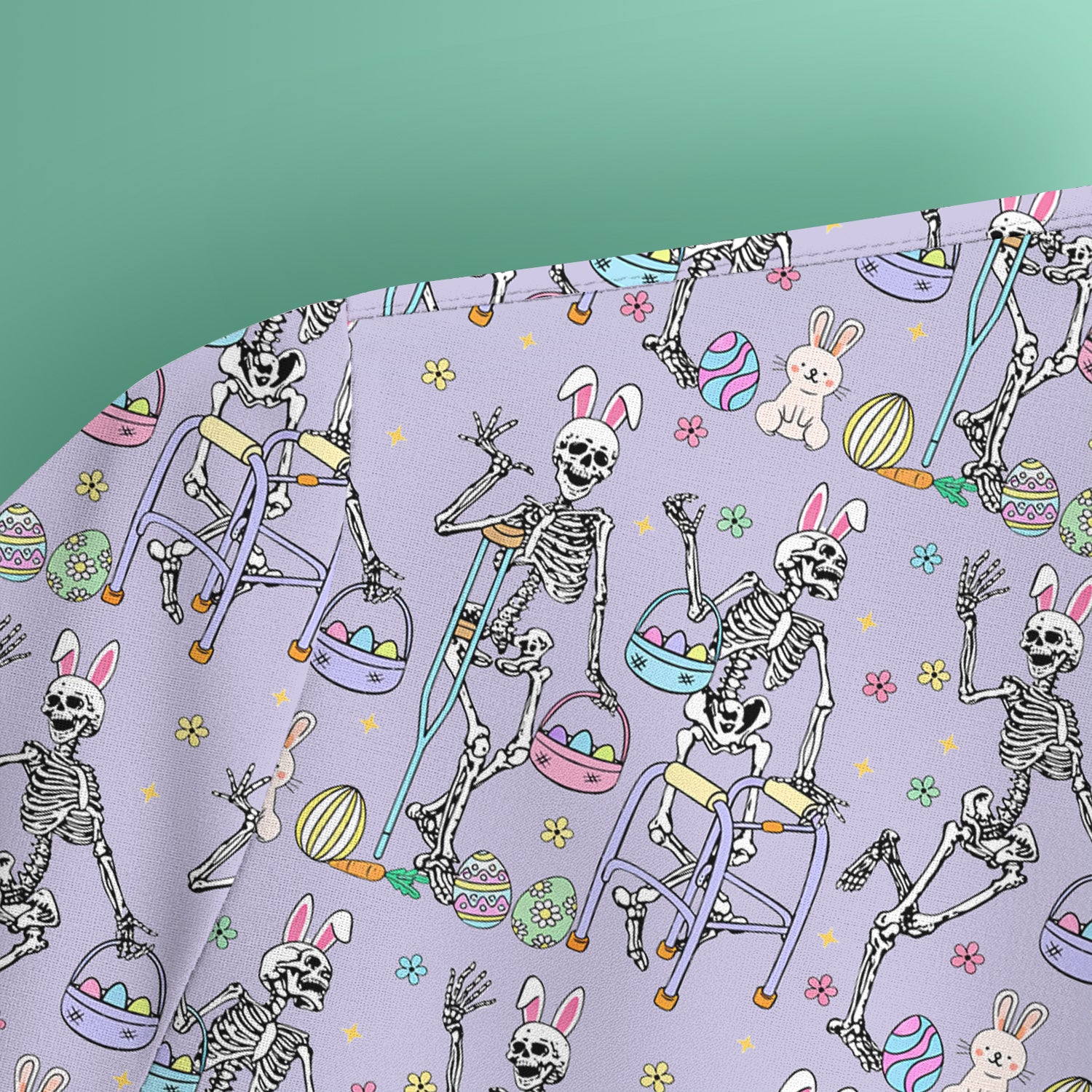 Fun Skeleton Bunny Easter Print Scrub Top, Comfortable Scrubs for Nurses