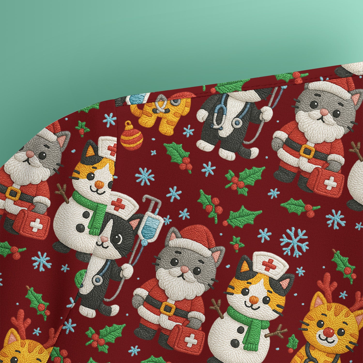 Christmas Cat Nurse Pattern Scrub Top, Cute Holiday Kitty Medical Uniform Shirt For Nursing