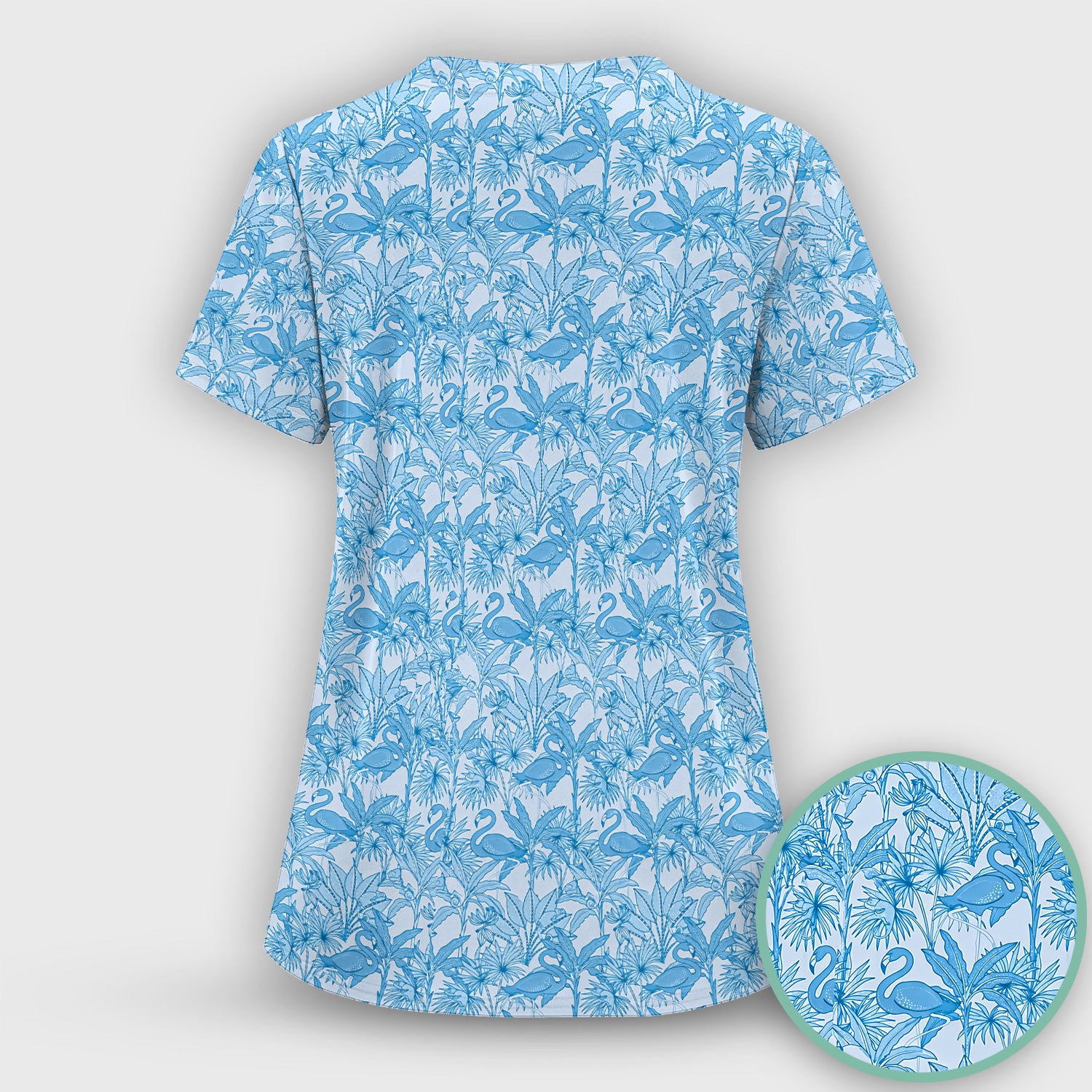 Tropical Flamingo Palm Leaves Pattern Scrub Top, Breathable Fabrics Nursing Uniform