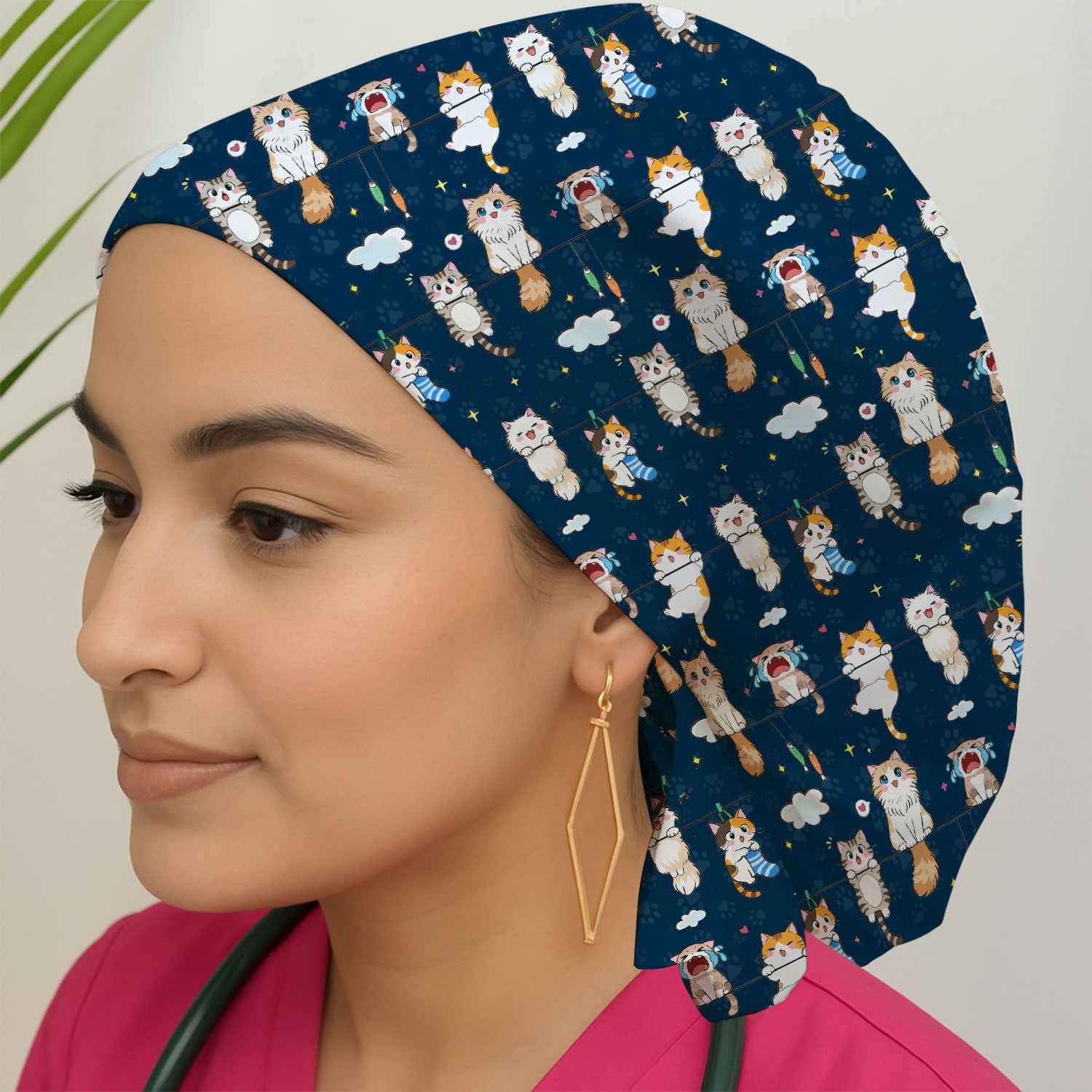 Funny Cats With Cute Expressions Pattern Caps, Bouffant Scrub Caps for Women