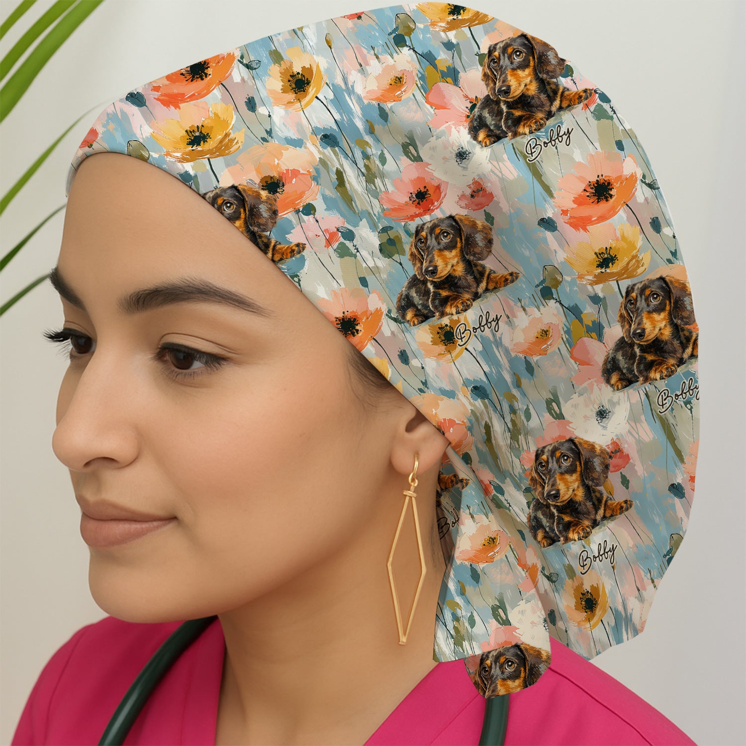 Personalized Dachshund Floral Portrait Pattern Scrub Cap, Surgical Caps for Doctors