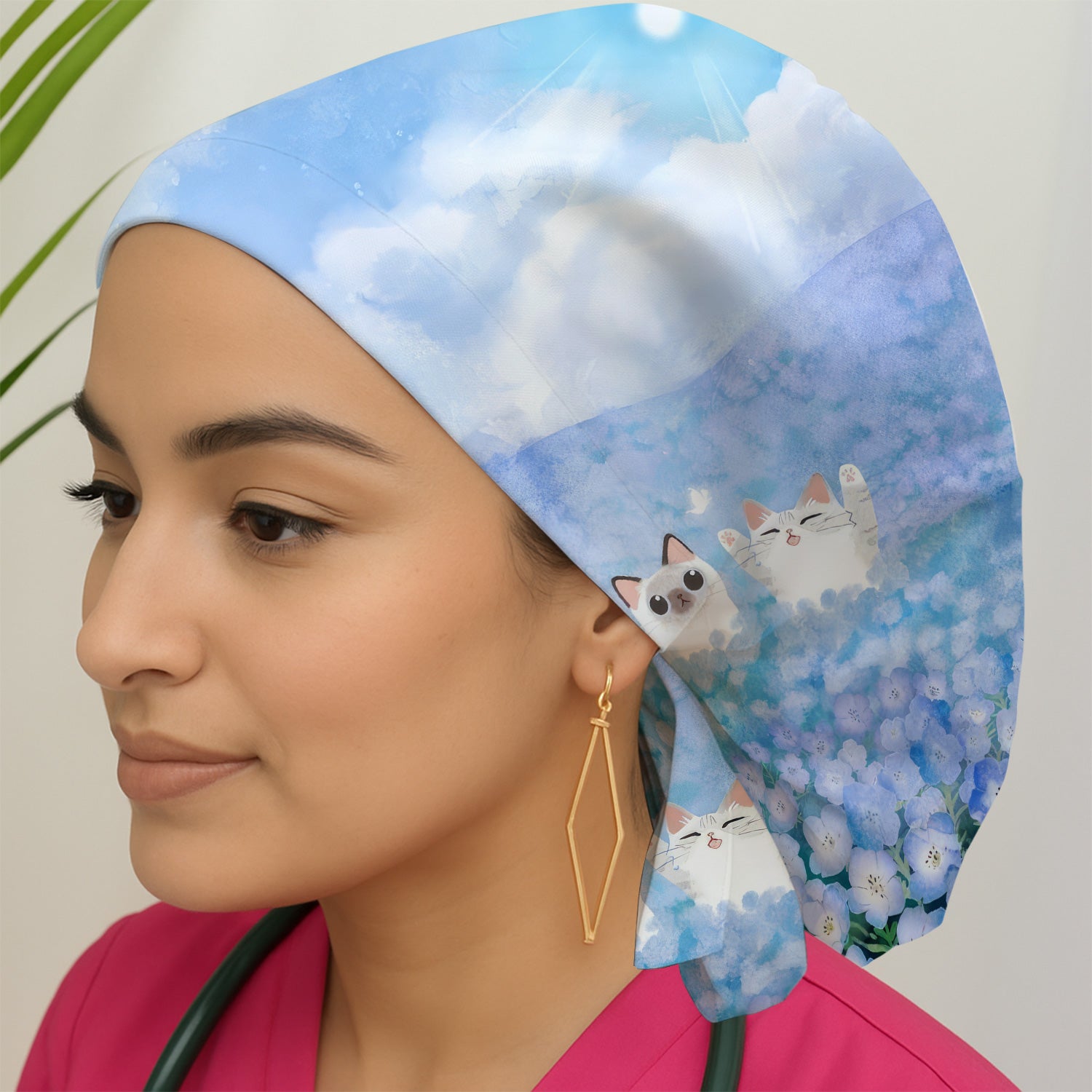 Dreamy Cat Cloud Hydrangea Sky Pattern Scrub Cap, Surgical Caps for Doctors