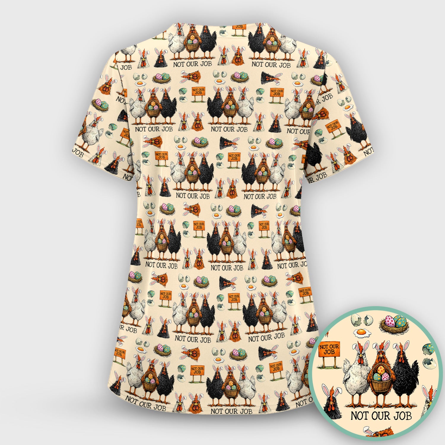 Funny Easter Chicken Humor Pattern Scrub Top, Comfortable Scrubs for Nurses