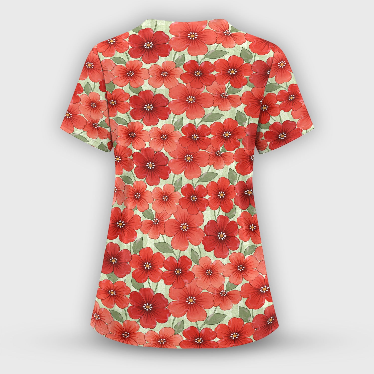 Patriotic USA Flag With Red Floral Blossom Pattern Scrub Set, Scrub Pants and V Neck Top
