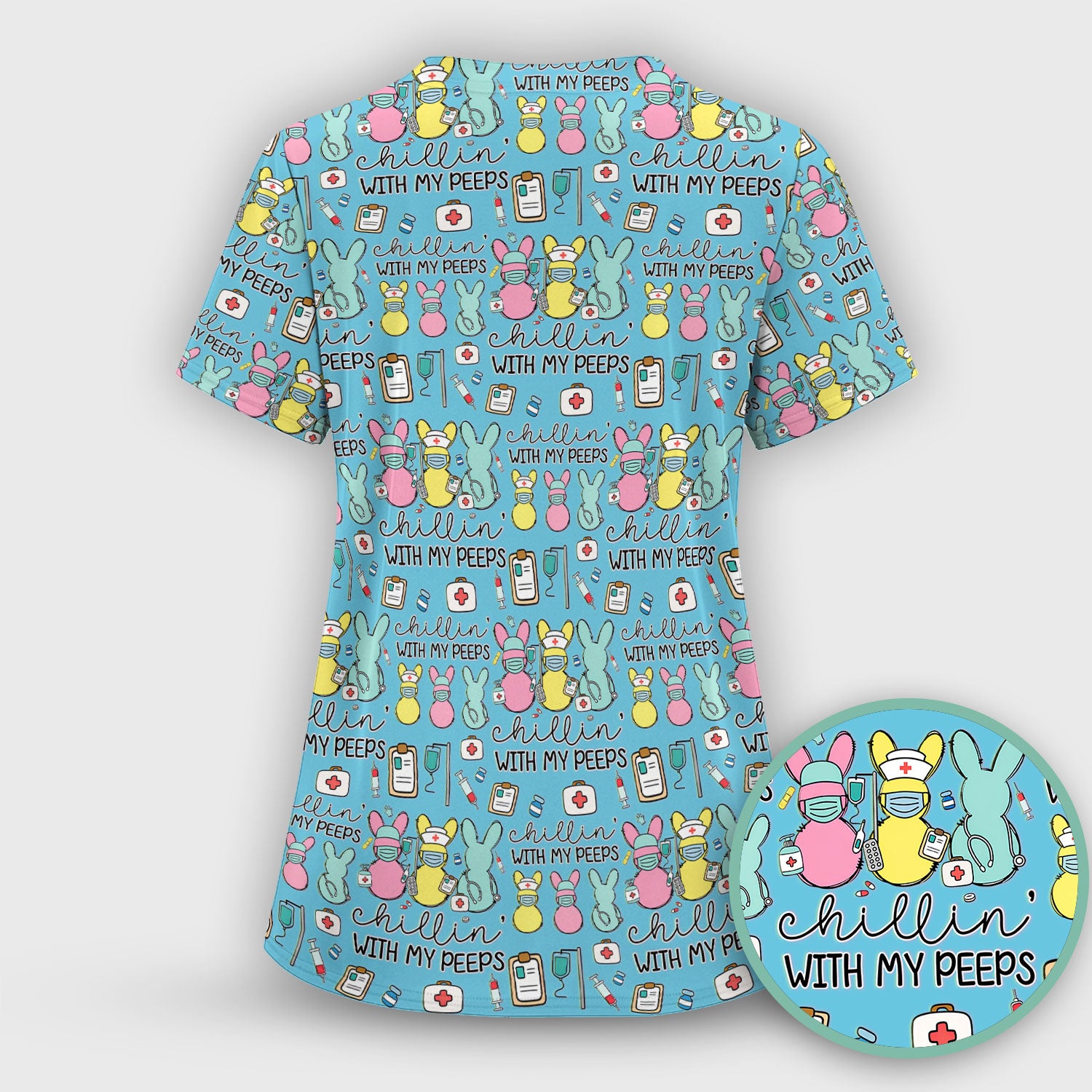 Cute Bunny Nurse Chillin With My Peeps Scrub Top, Comfortable Scrubs for Nurses, Easter
