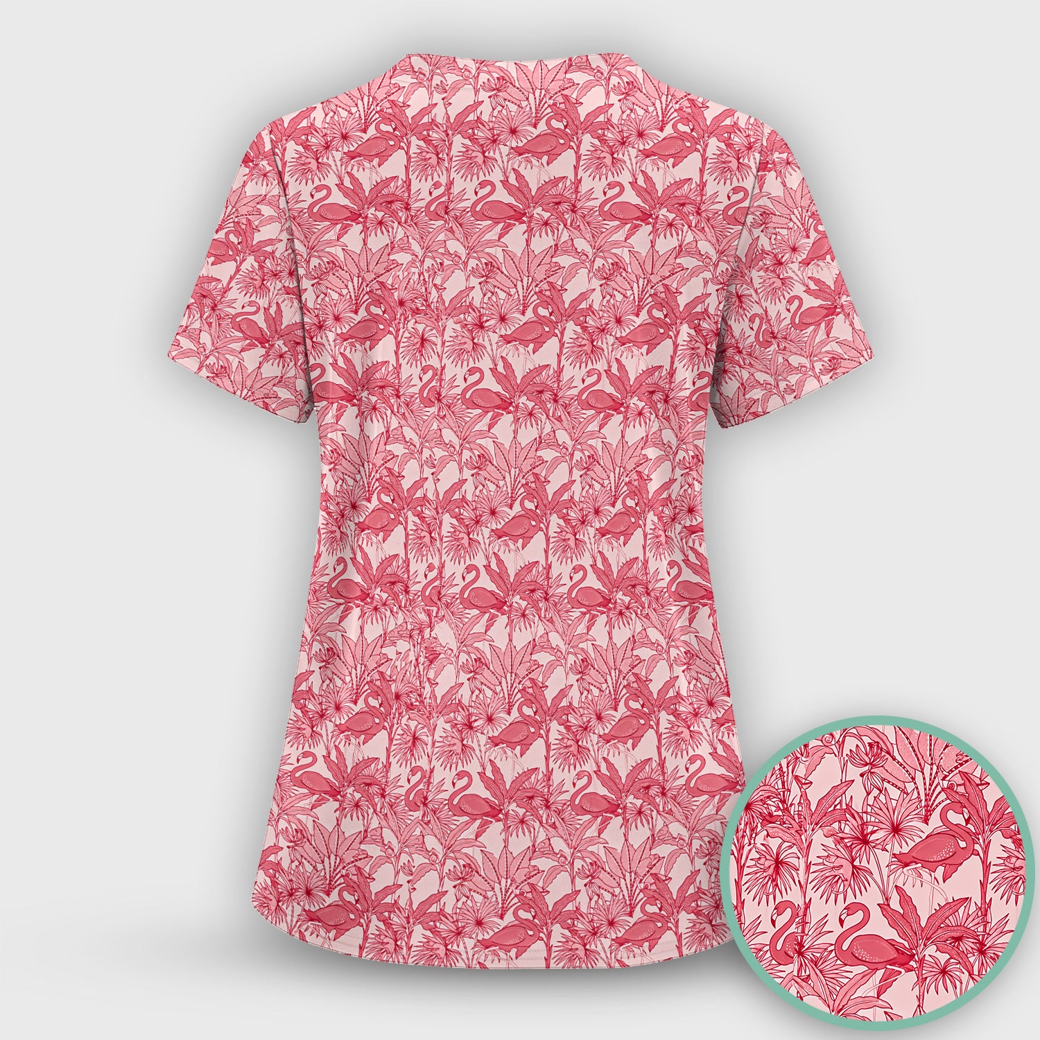 Tropical Flamingo Palm Leaves Pattern Scrub Top, Breathable Fabrics Nursing Uniform