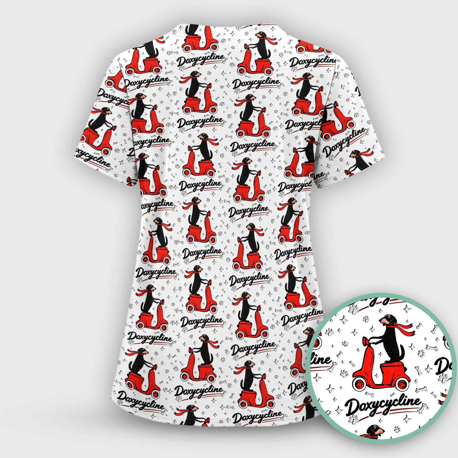 Funny Dachshund Riding Scooter Doxycycline Print Scrub Top ,Comfortable Scrubs for Nurses