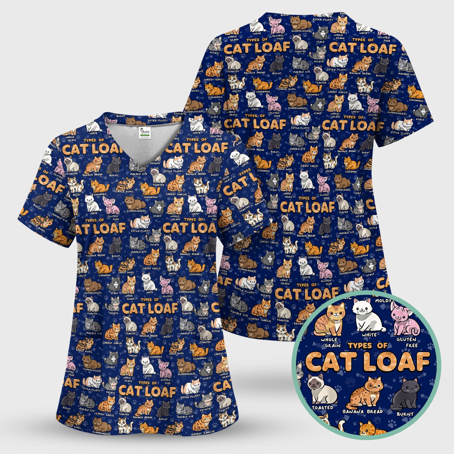 Funny Cat Loaf Nurse Scrub Top - Cute Cat Lover Medical Shirt for Women - Types of Cat Loaf RN LPN CNA Uniform Gift