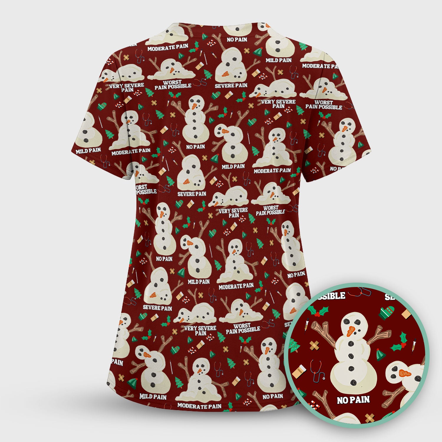 Funny Snowman Pain Scale Scrub Top for Nurse - Christmas Medical Shirt for Women RN LPN CNA - Cute Winter Nursing Uniform