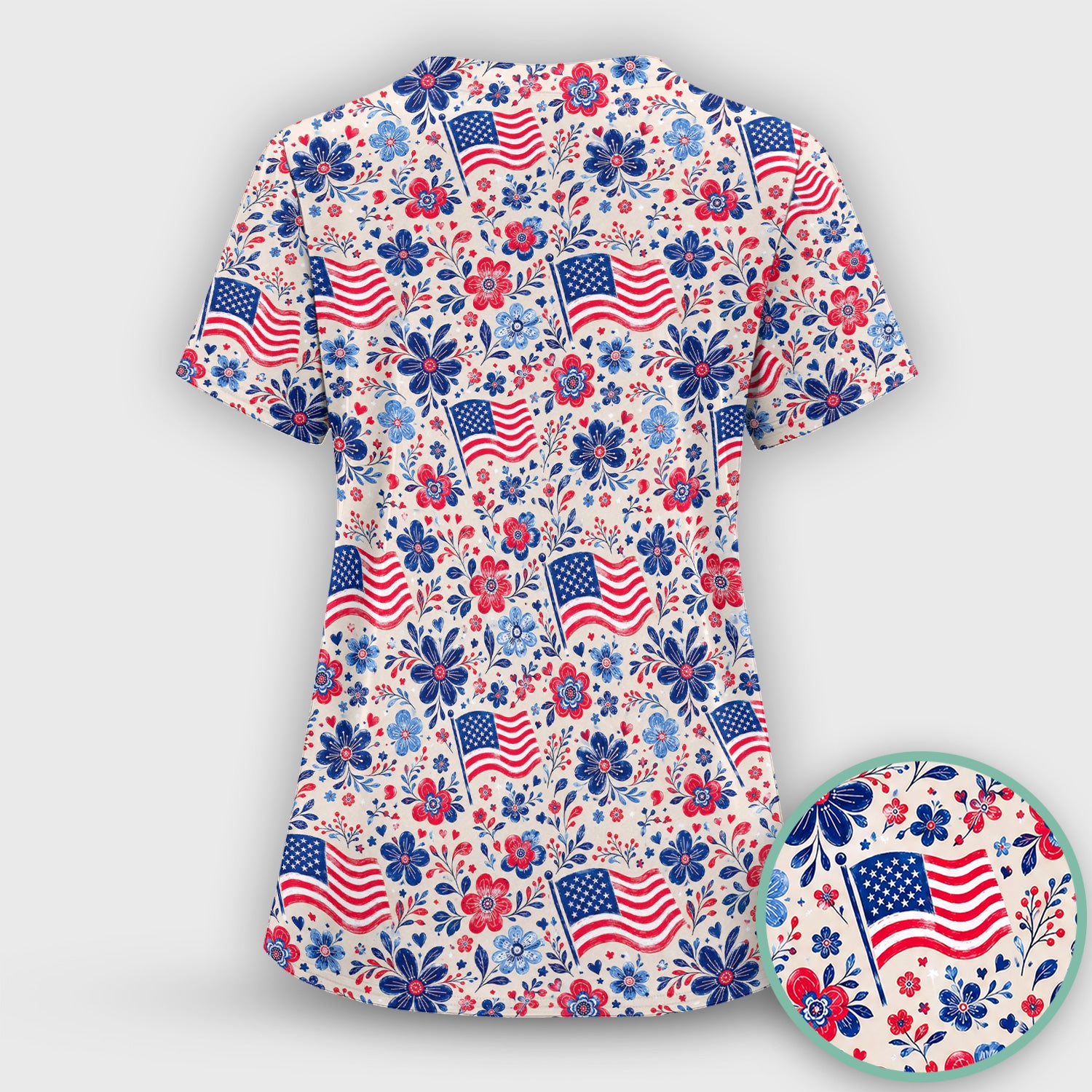 Patriotic Flag Floral Nurse Pattern Scrub Set, Scrub Pants and V Neck Top