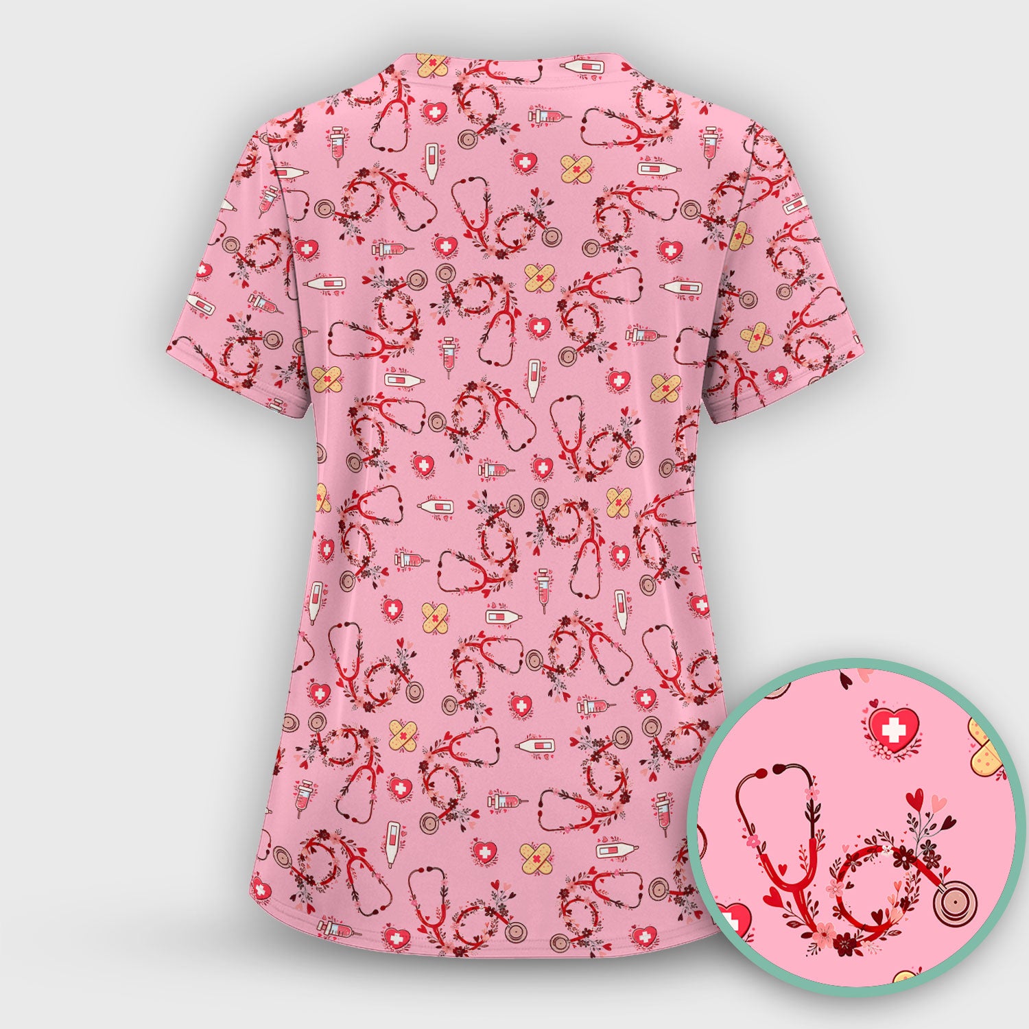 Heart Stethoscope Medical Pattern Scrub Set, Breathable Med Uniform