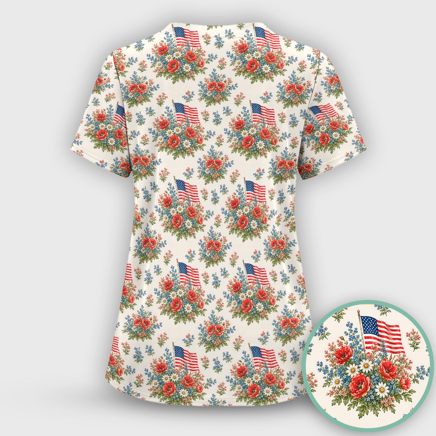 Patriotic Floral With USA Flag Pattern Scrub Set, Scrub Pants and V Neck Top