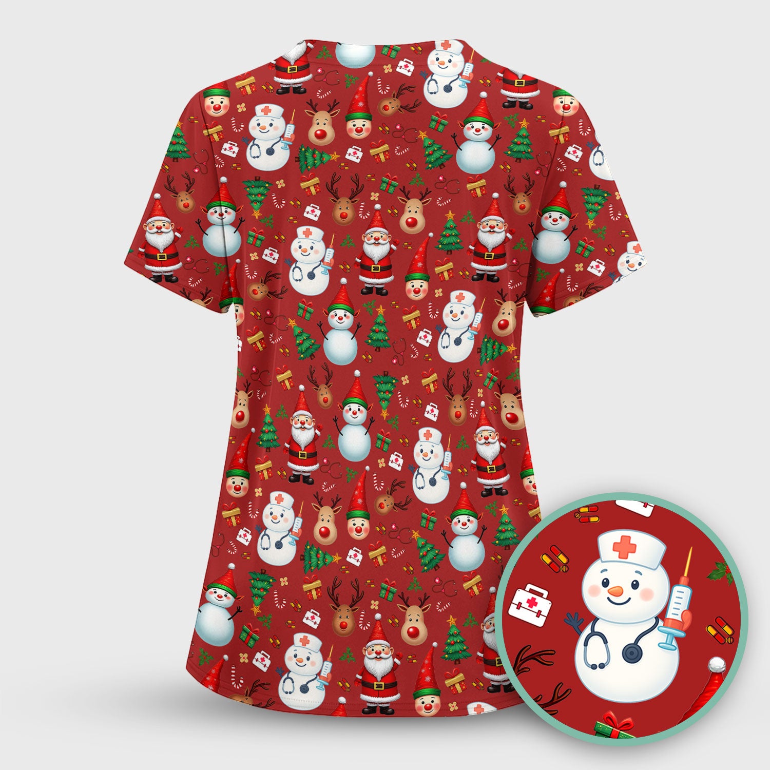 Christmas Scrub Top for Nurses - Cute Snowman Reindeer Santa Pattern - Holiday Medical Uniform RN CNA LPN Gift