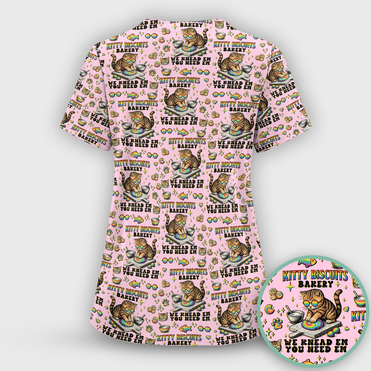 Pride Nurse Cat Baking Rainbow Dough Pattern Scrub Top, Breathable Fabrics Nursing Uniform