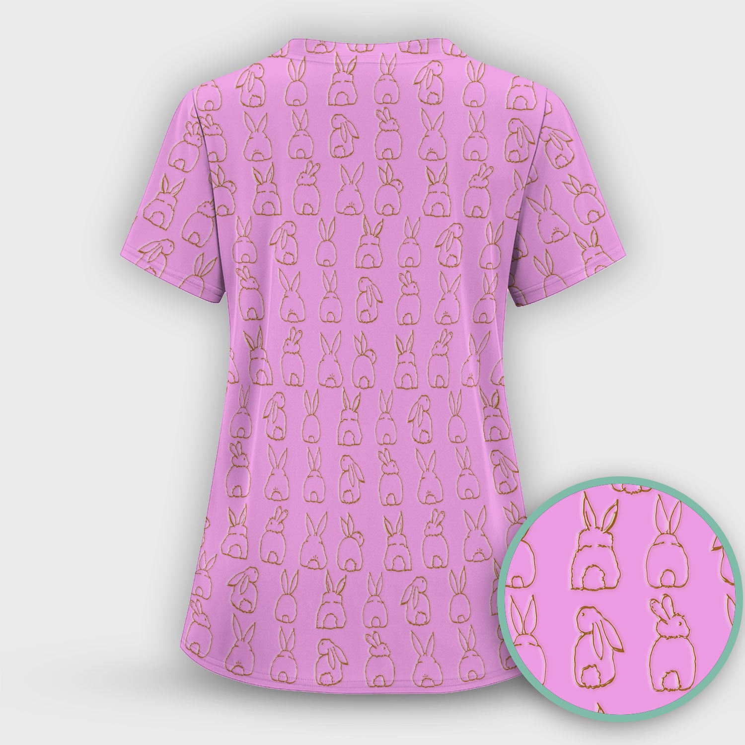 Cartoon Bunny Line Art Pattern Medical Scrub Top, Comfortable Scrubs for Nurses, Easter