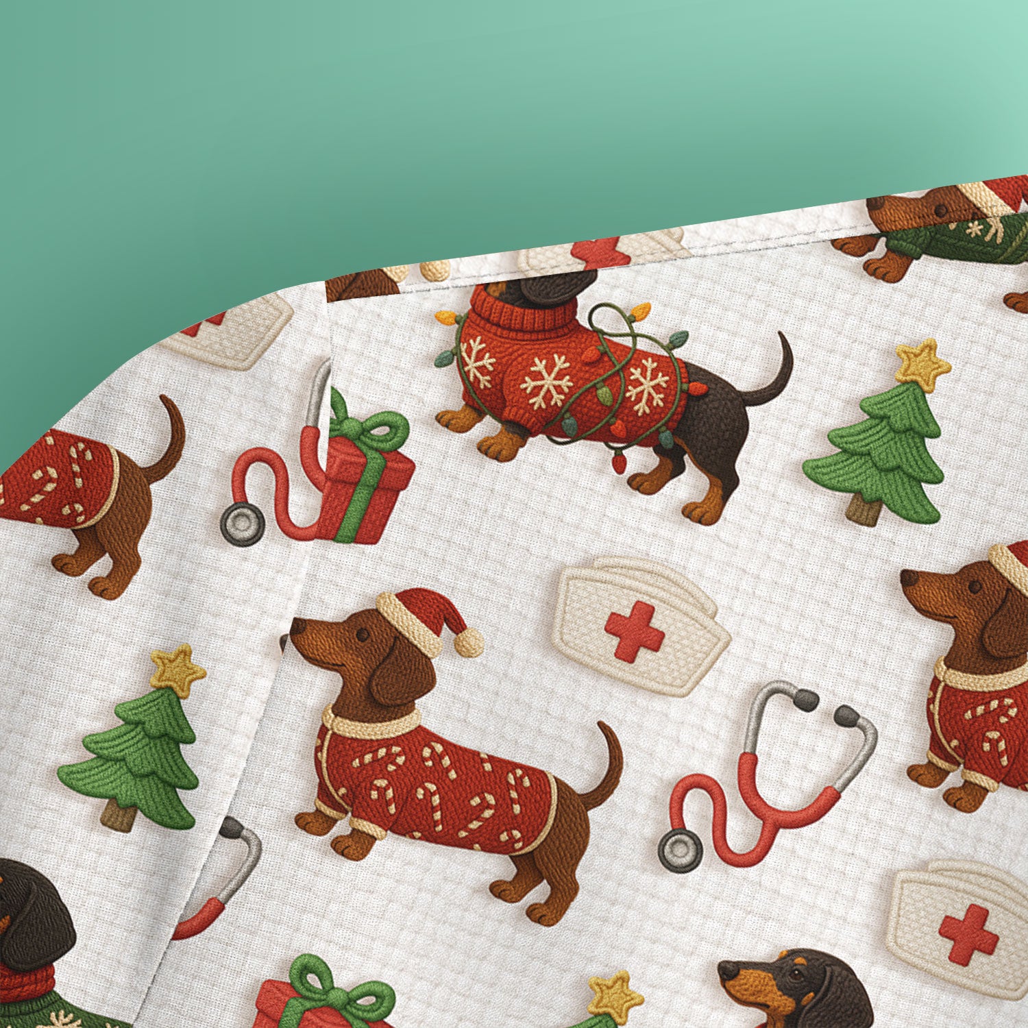Custom Nurse Scrubs for Women - Dachshund Dog Christmas Print with Gifts & Holiday Tree - Multi Color Nursing Shirt Gift Idea