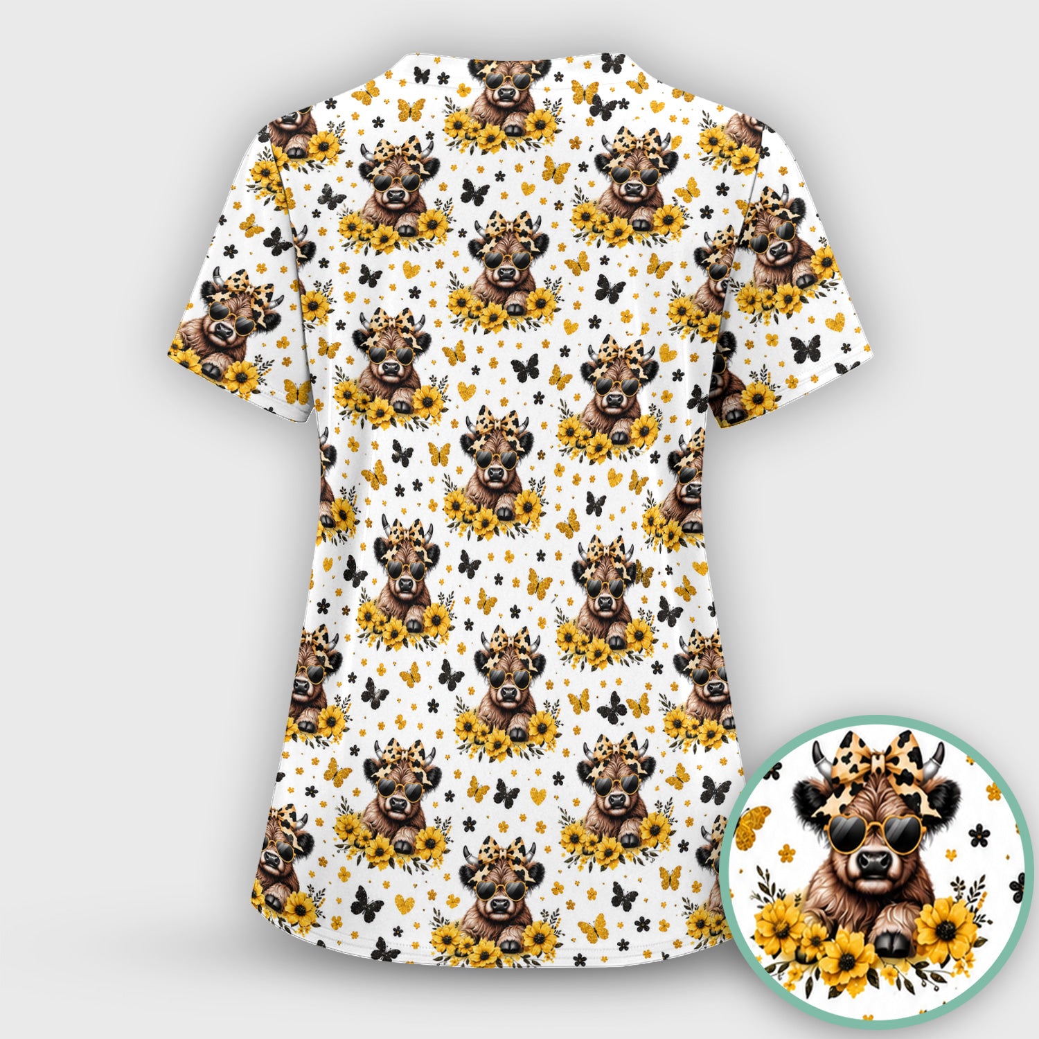 Sassy Highland Cow Sunflower Pattern Scrub Top, Comfortable Scrubs for Nurses