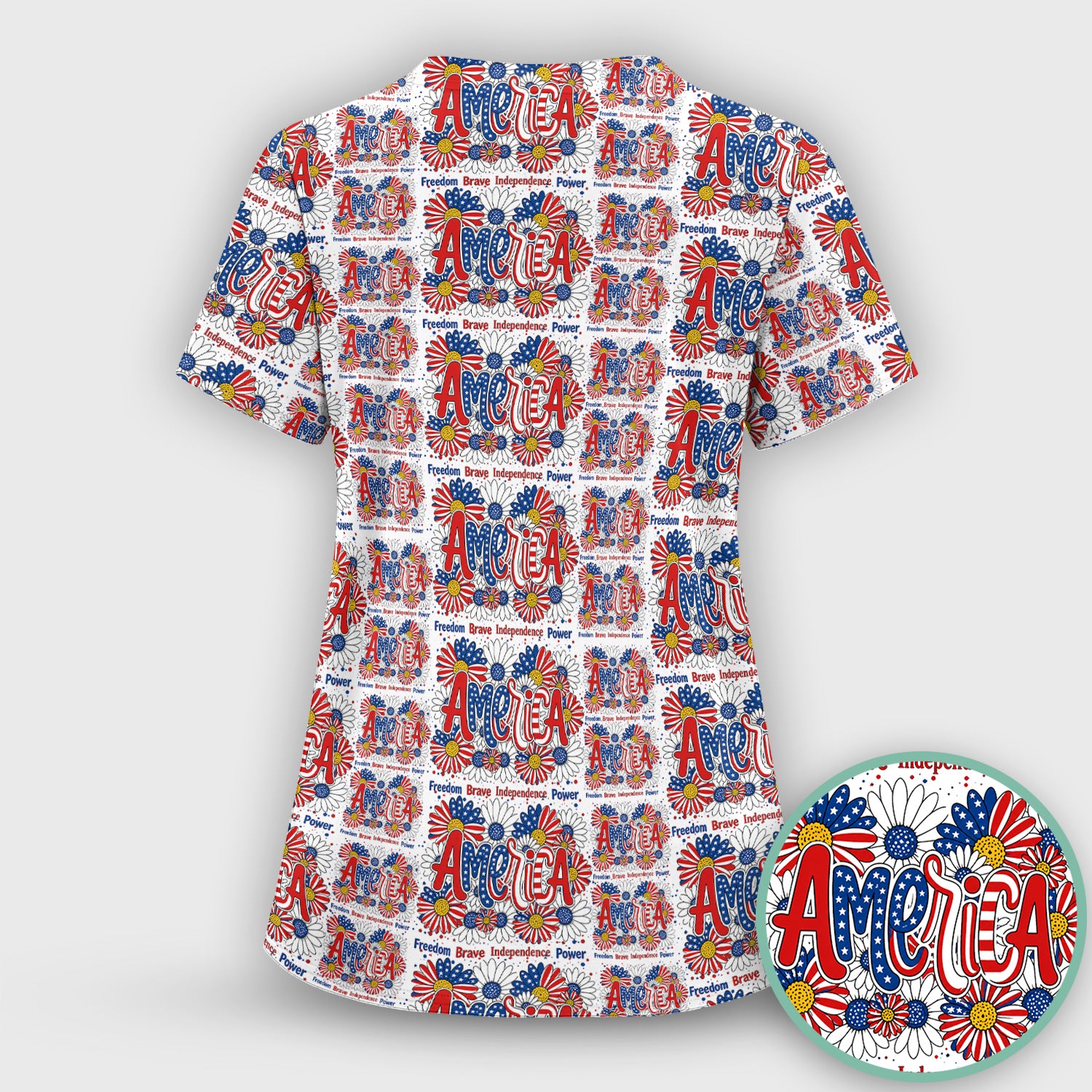 Patriotic America Floral Fireworks Pattern Scrub Set, Scrub Pants and V Neck Top
