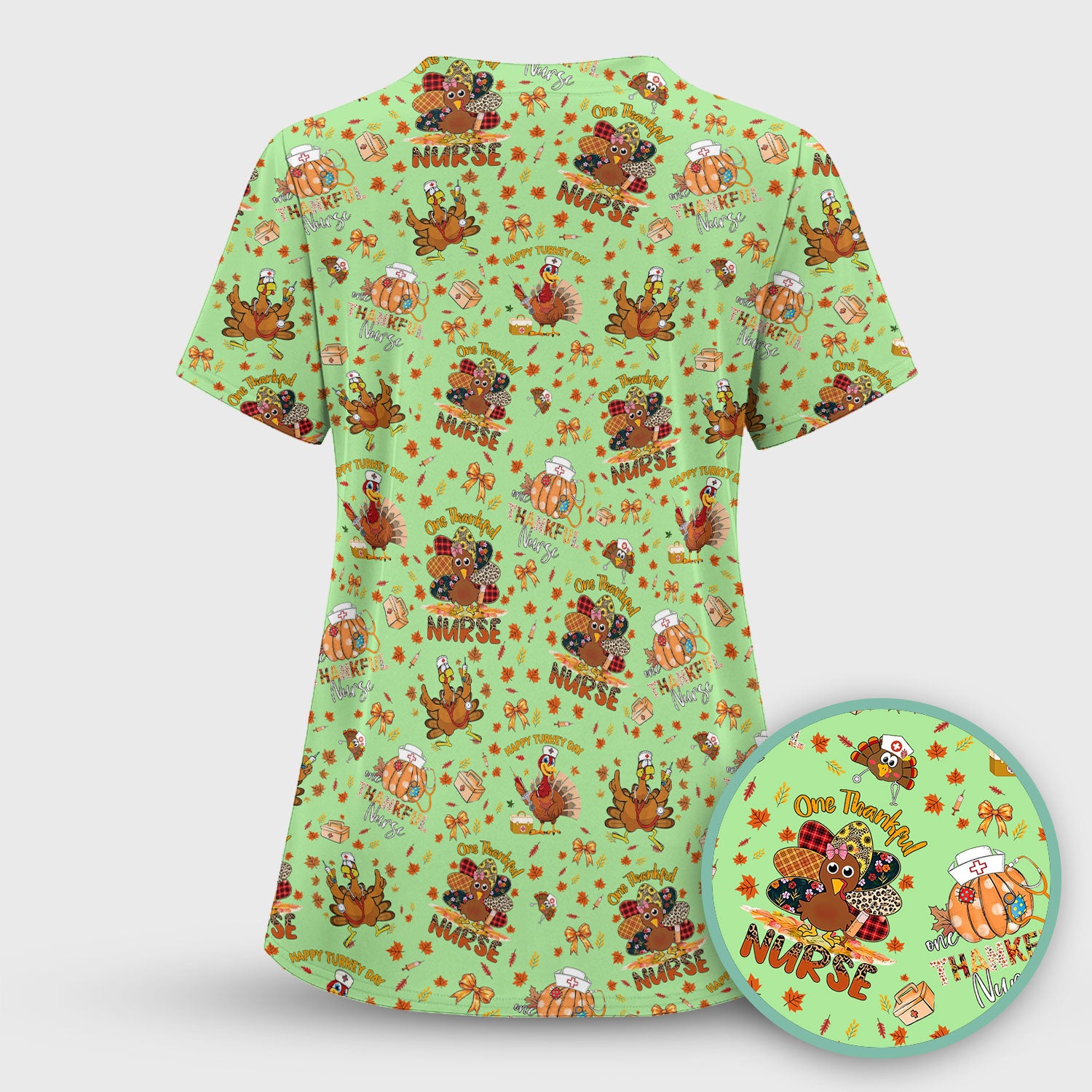 Thanksgiving Nurse Fall Scrub Top for Women - Cute Turkey and Pumpkin Shirt - Autumn Medical Shirt Gift for RN CNA LPN Doctor