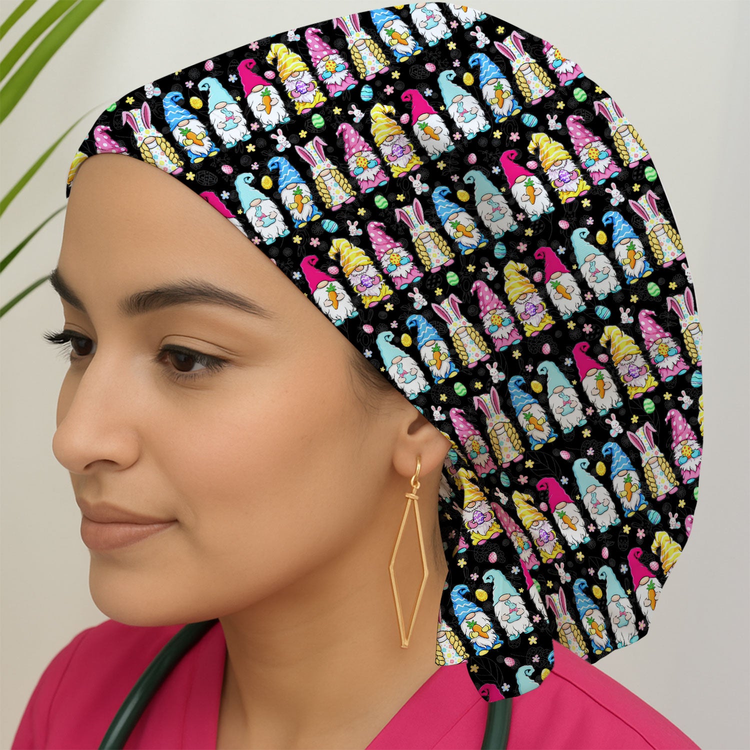 Colorful Easter Gnome Bunny Eggs Pattern Cap, Bouffant Scrub Caps for Women