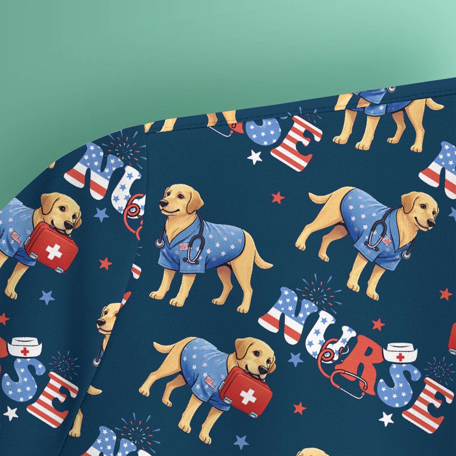 Patriotic Nurse Dog Medical Pattern Scrub Top, Breathable Fabrics Nursing Uniform