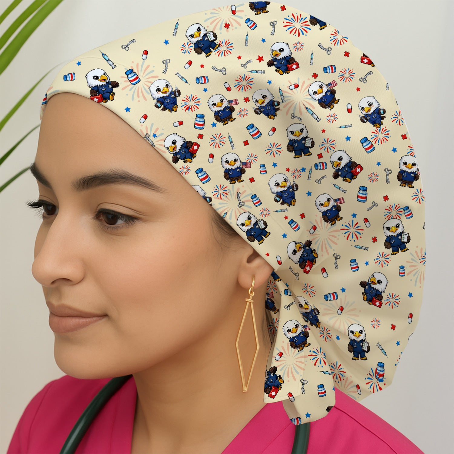 Patriotic Nurse Eagle Fireworks Medical Pattern Cap, Bouffant Scrub Caps for Women