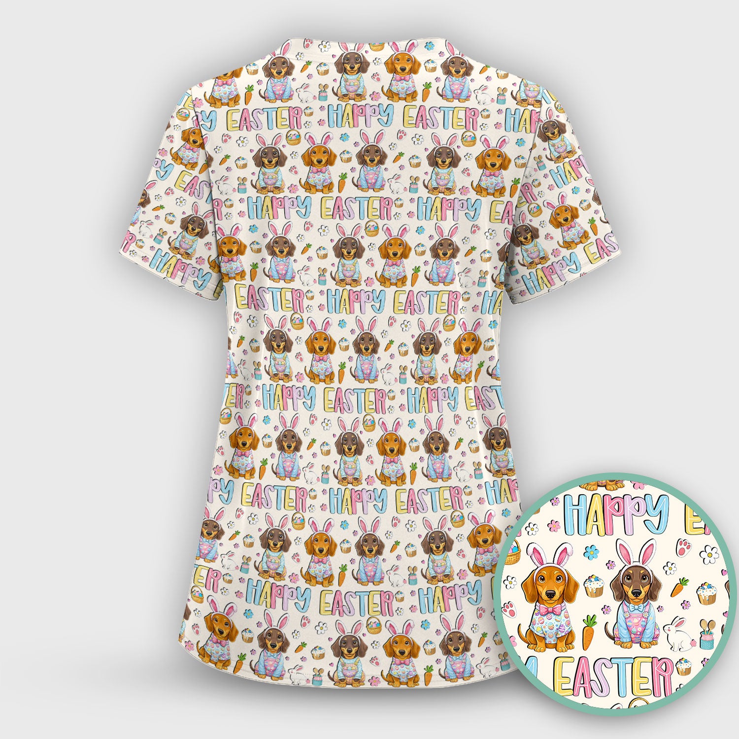 Happy Easter Dachshund Bunny Print Scrub Top, Comfortable Scrubs for Nurses