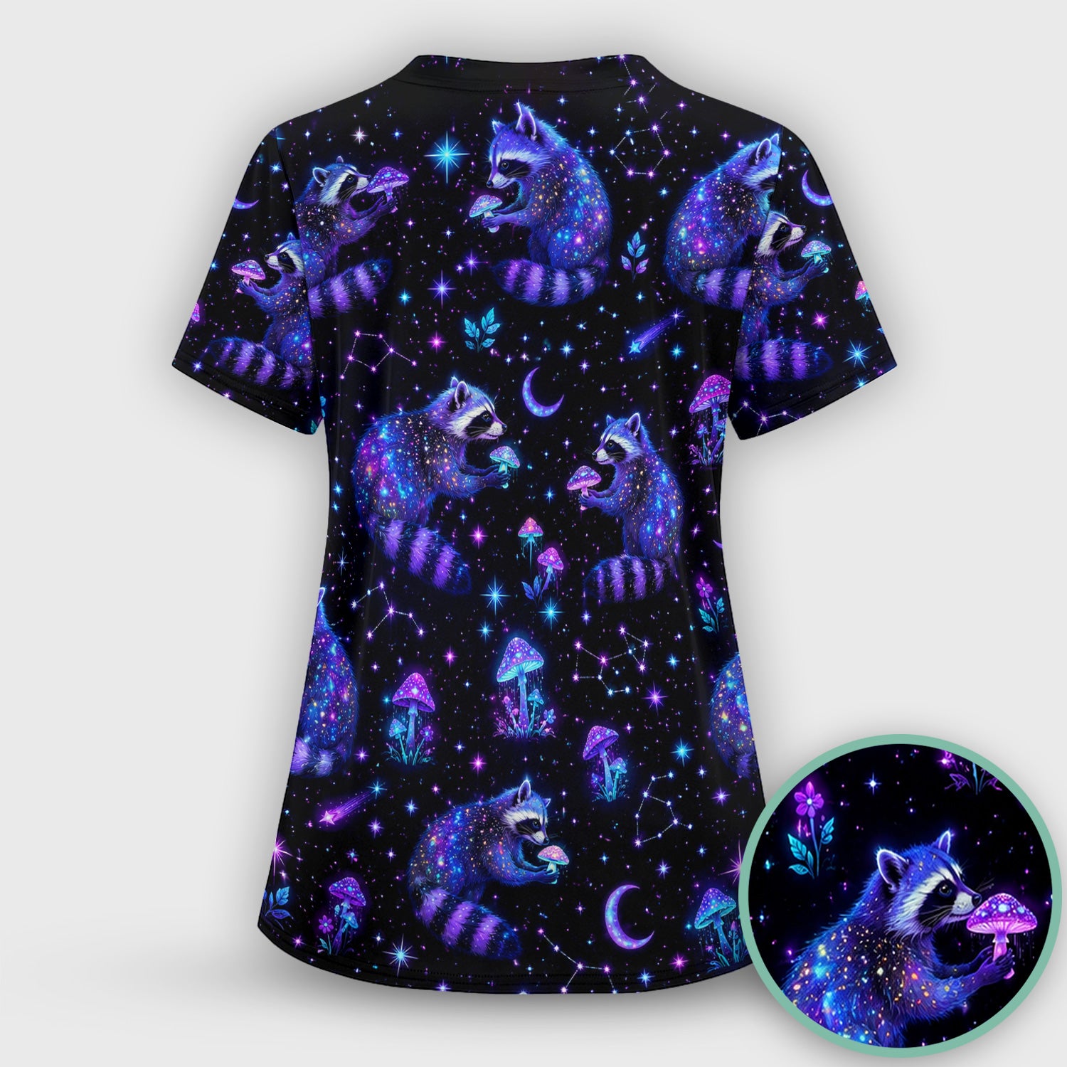 Galaxy Raccoon With Mushroom Night Scrub Set, Scrub Pants and V Neck Top