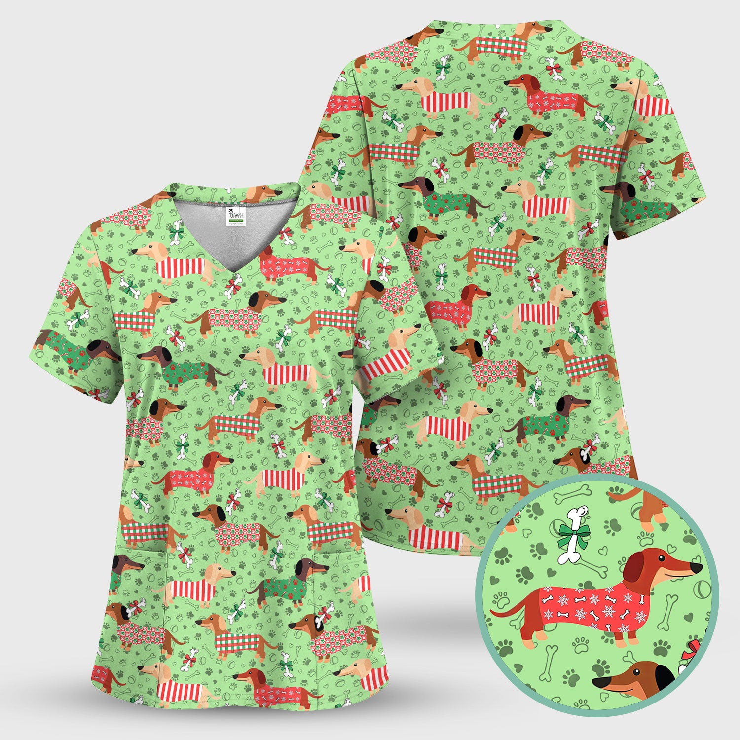 Christmas Dachshund Scrub Top for Nurses - Funny Wiener Dog Medical Shirt Multi Color - Cute Puppy Lover Gift for RN LPN CNA