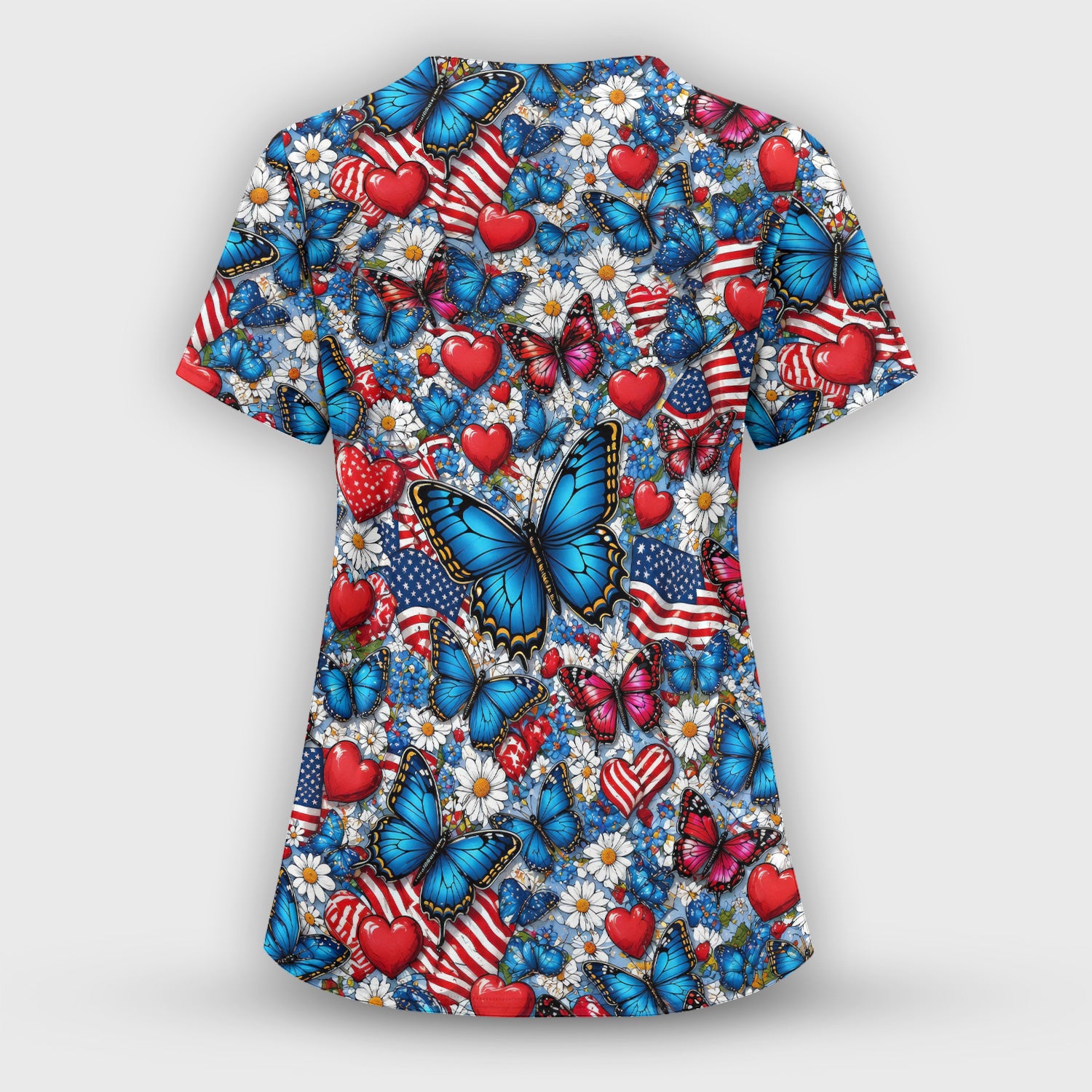 Festive Patriotic Butterfly Heart Floral Pattern Scrub Set, Scrub Pants and V Neck Top
