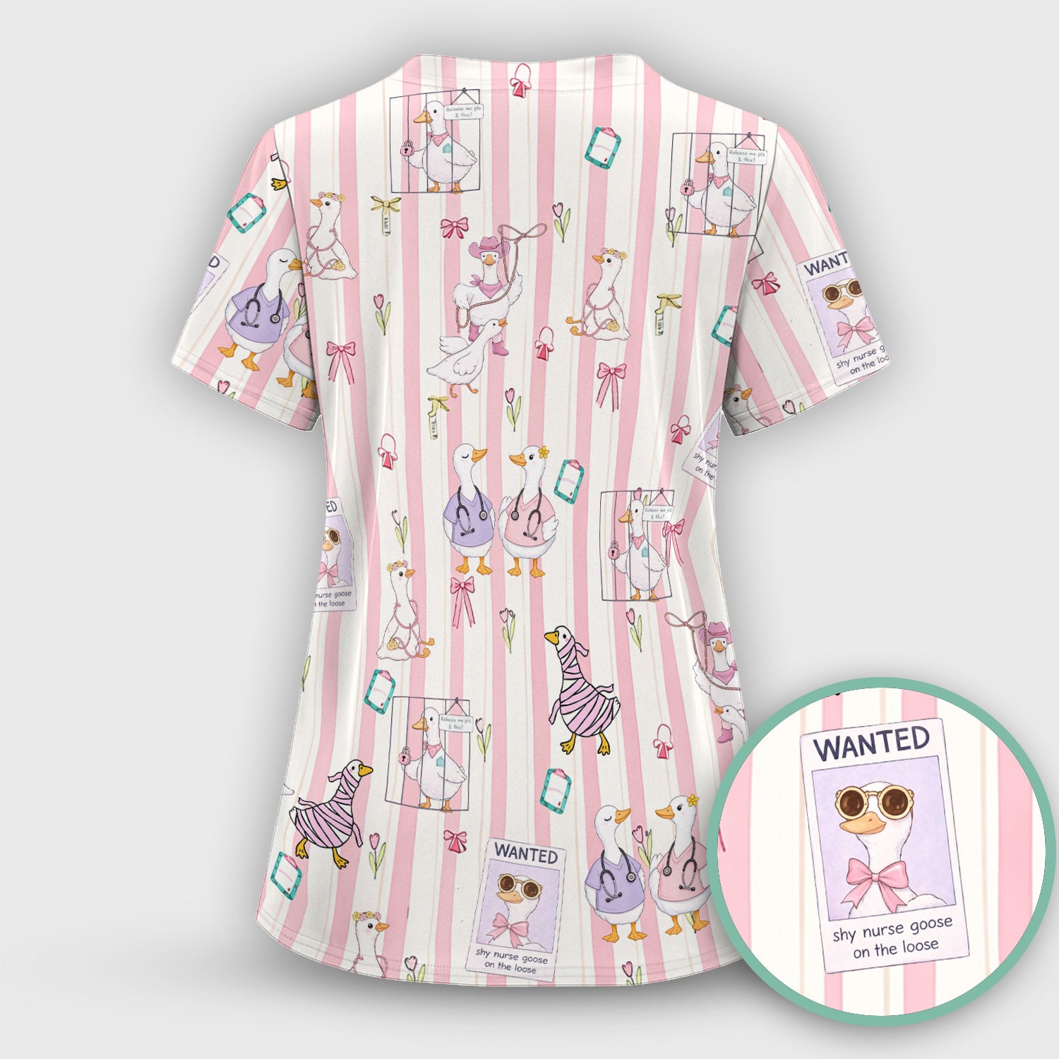 Cute Nurse Duck Stripe Pattern Scrub Top, Comfortable Scrubs for Nurses
