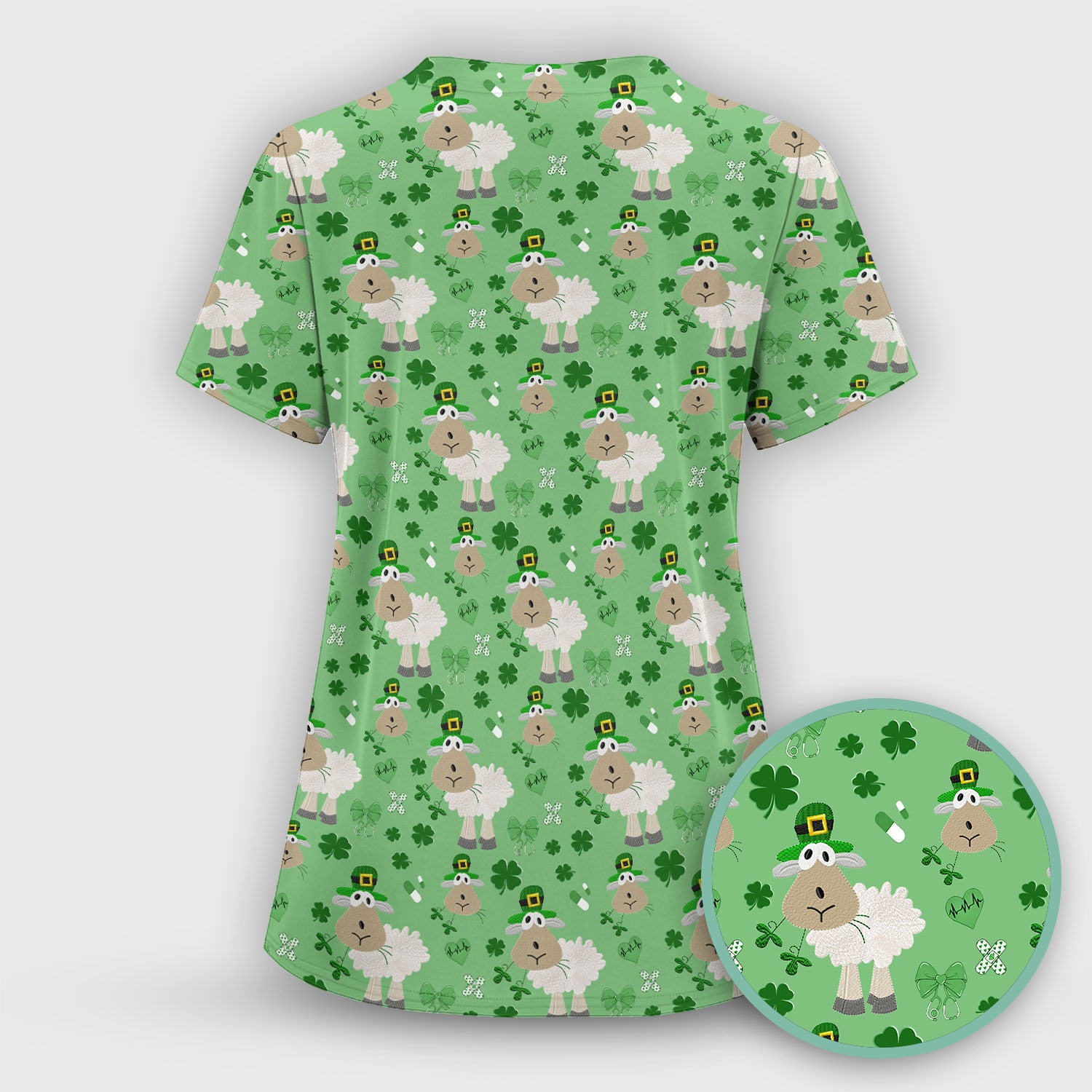 Nurse St. Patrick Scrubs Top, Cute Sheep Shamrock Pattern Nurse Shirt, Breathable Fabrics Nursing Uniform