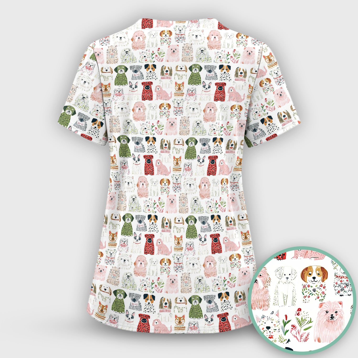 Cute Cartoon Dog Breeds Pattern Scrub Top, Comfortable Scrubs for Nurses