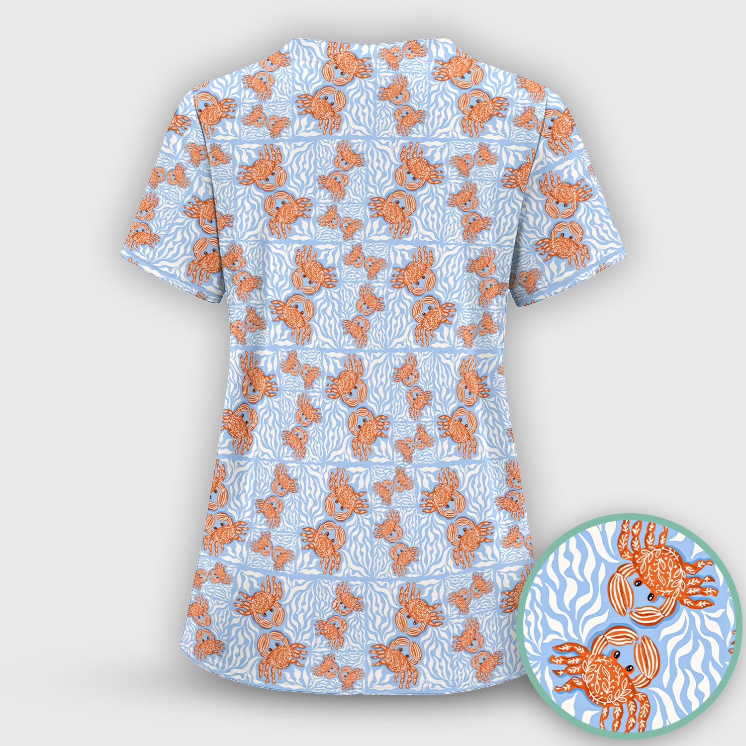 Cute Coastal Crab Print Scrub Set, Women's Scrub Sets