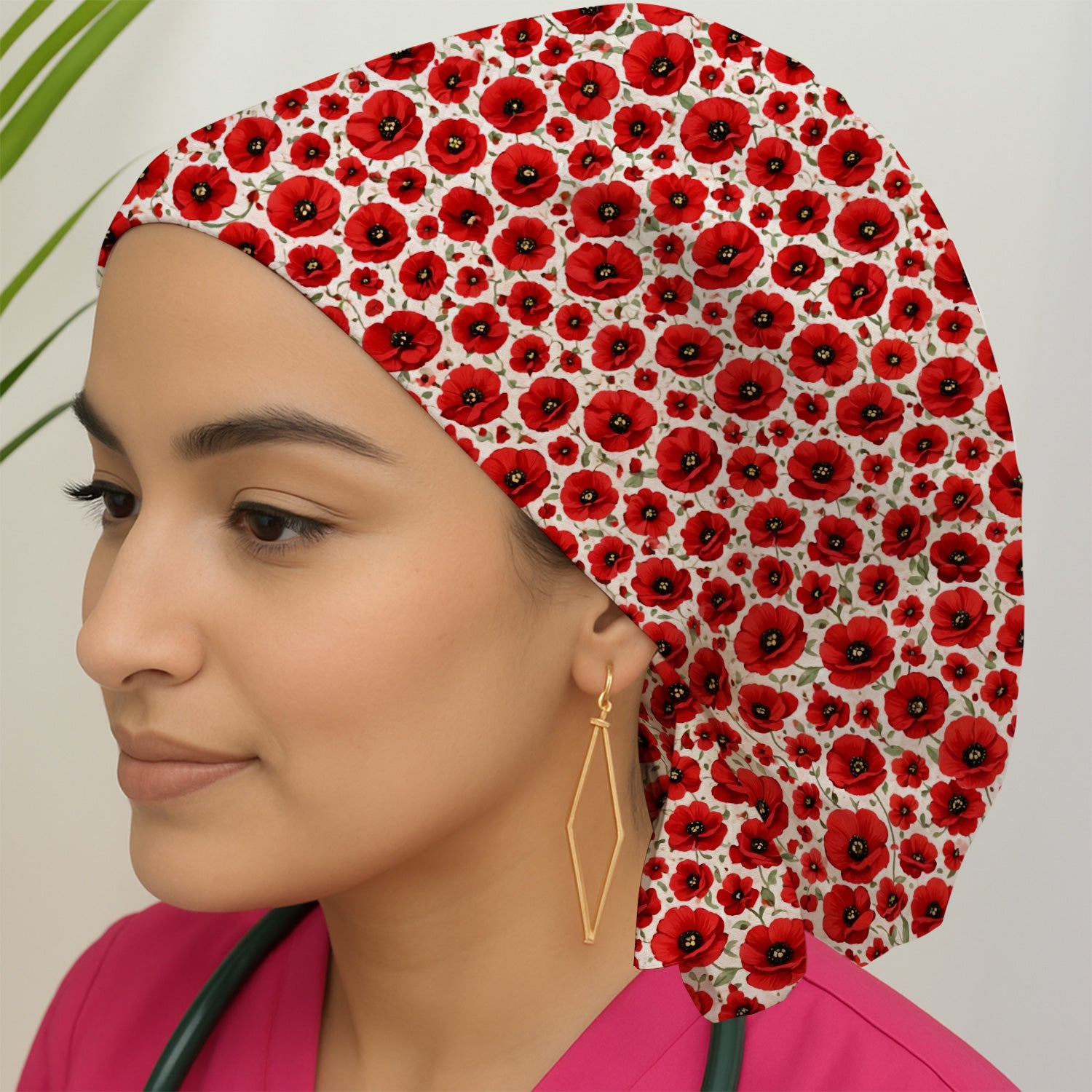Pretty Red Poppy Flower Garden Pattern Nurse Scrub Cap, Surgical Caps for Doctors