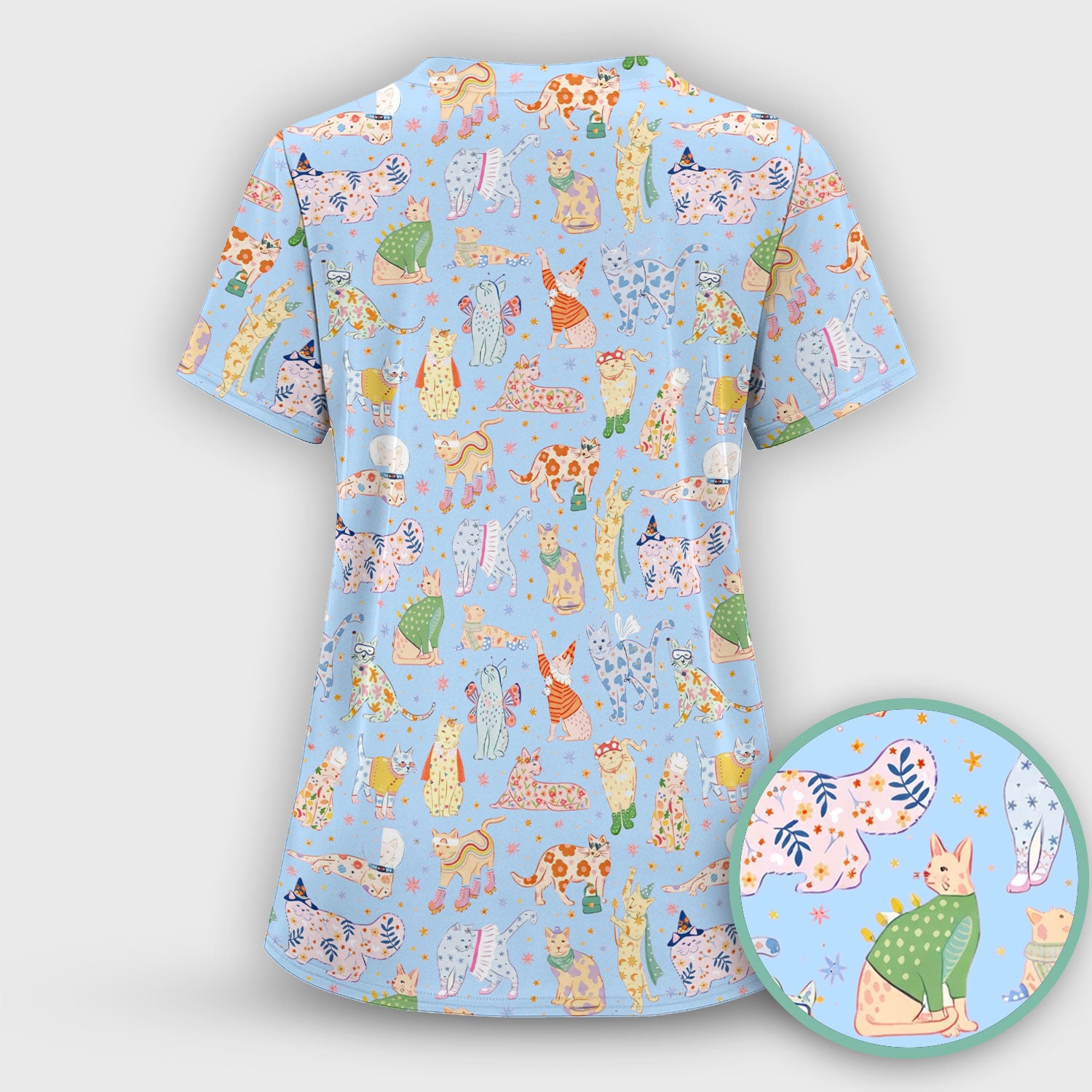 Colorful Pastel Cartoon Cats Print Scrub Top, Breathable Fabrics Nursing Uniform