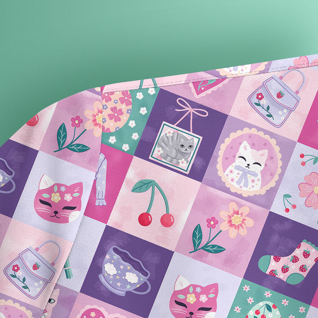 Pastel Cat Patchwork Scrub Top, Kawaii Floral Nursing Uniform
