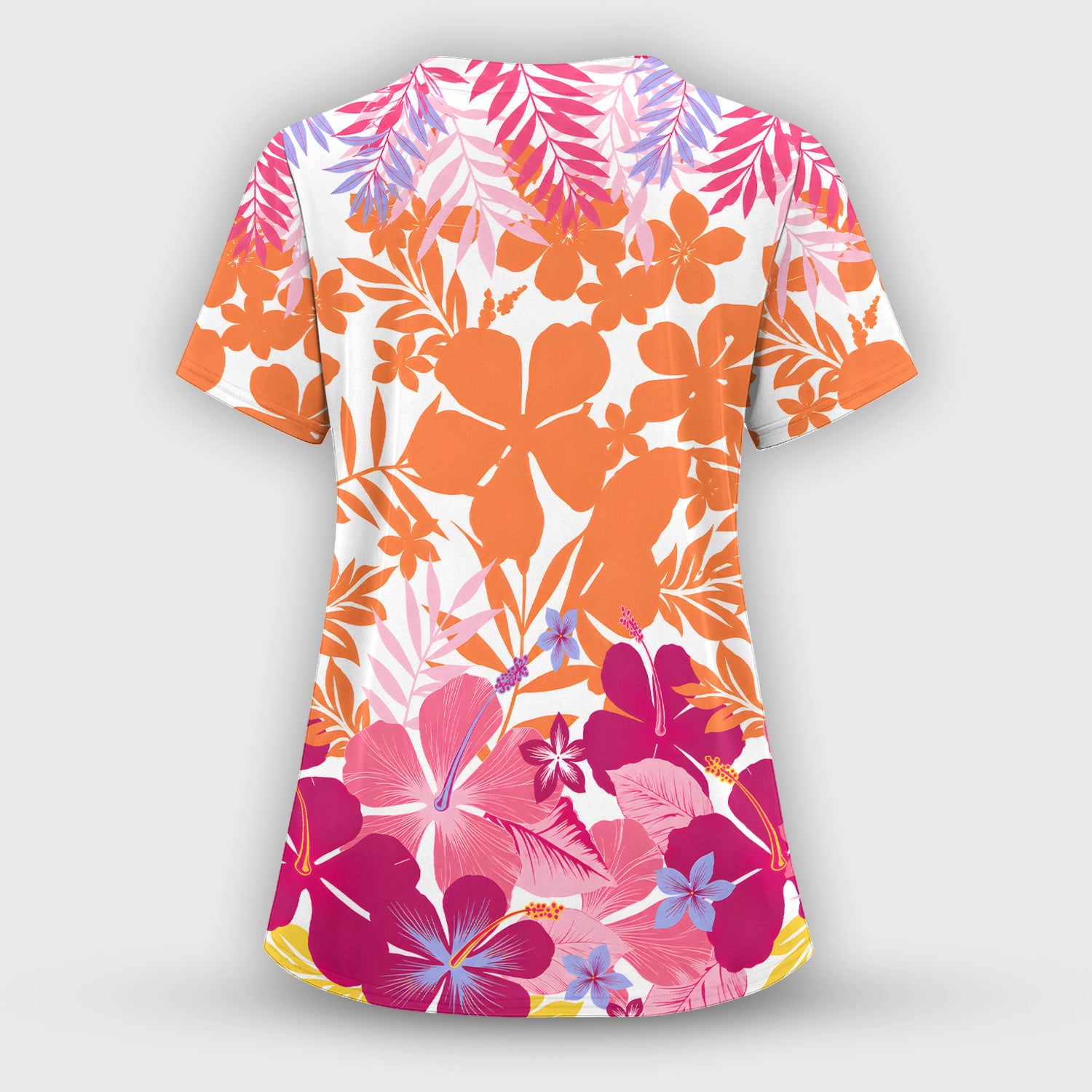 Cheerful Tropical Hibiscus Bloom Pattern Scrub Set, Scrub Pants and V Neck Top