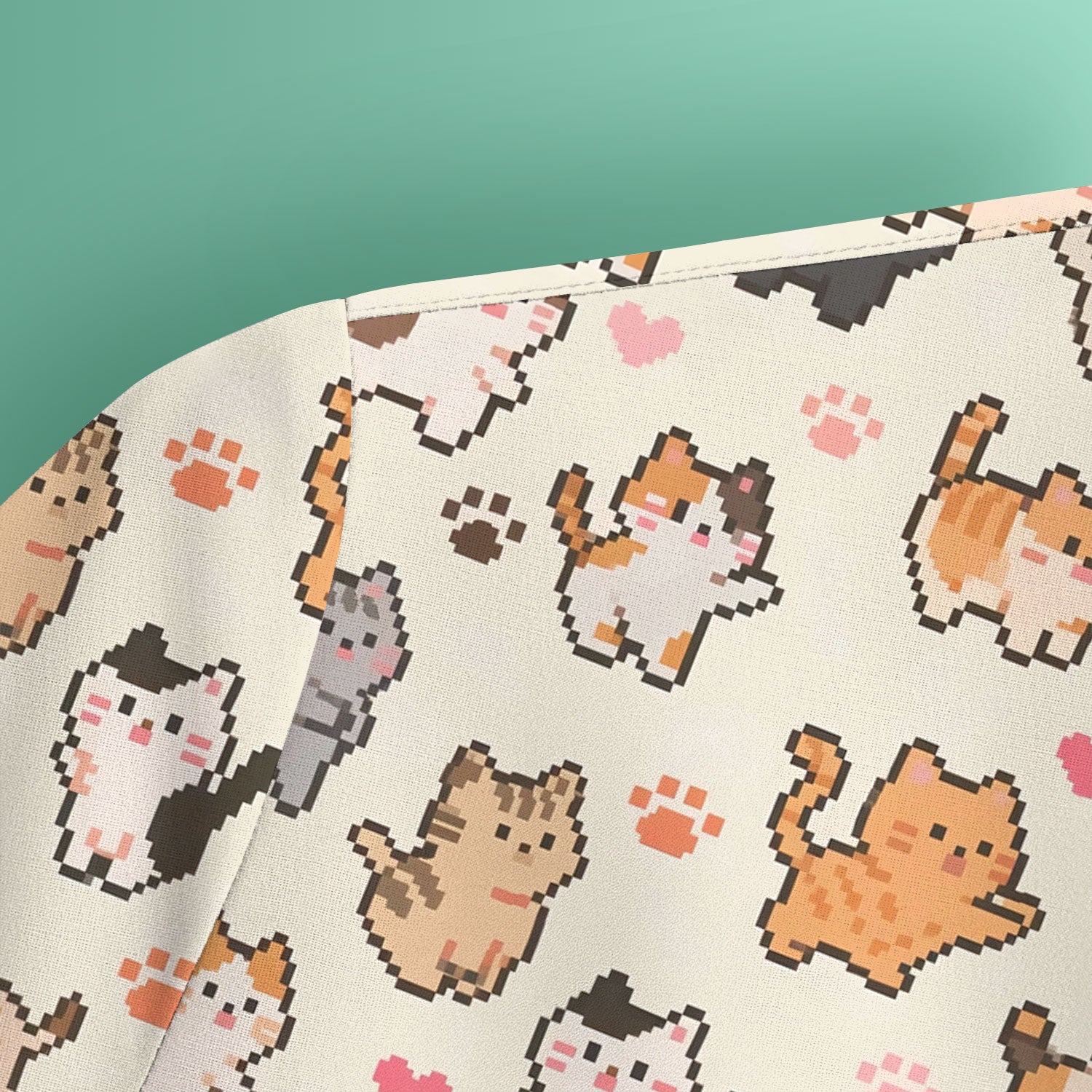 Cute Pixel Cat Heart Paw Pattern Scrub Top, Breathable Fabrics Nursing Uniform