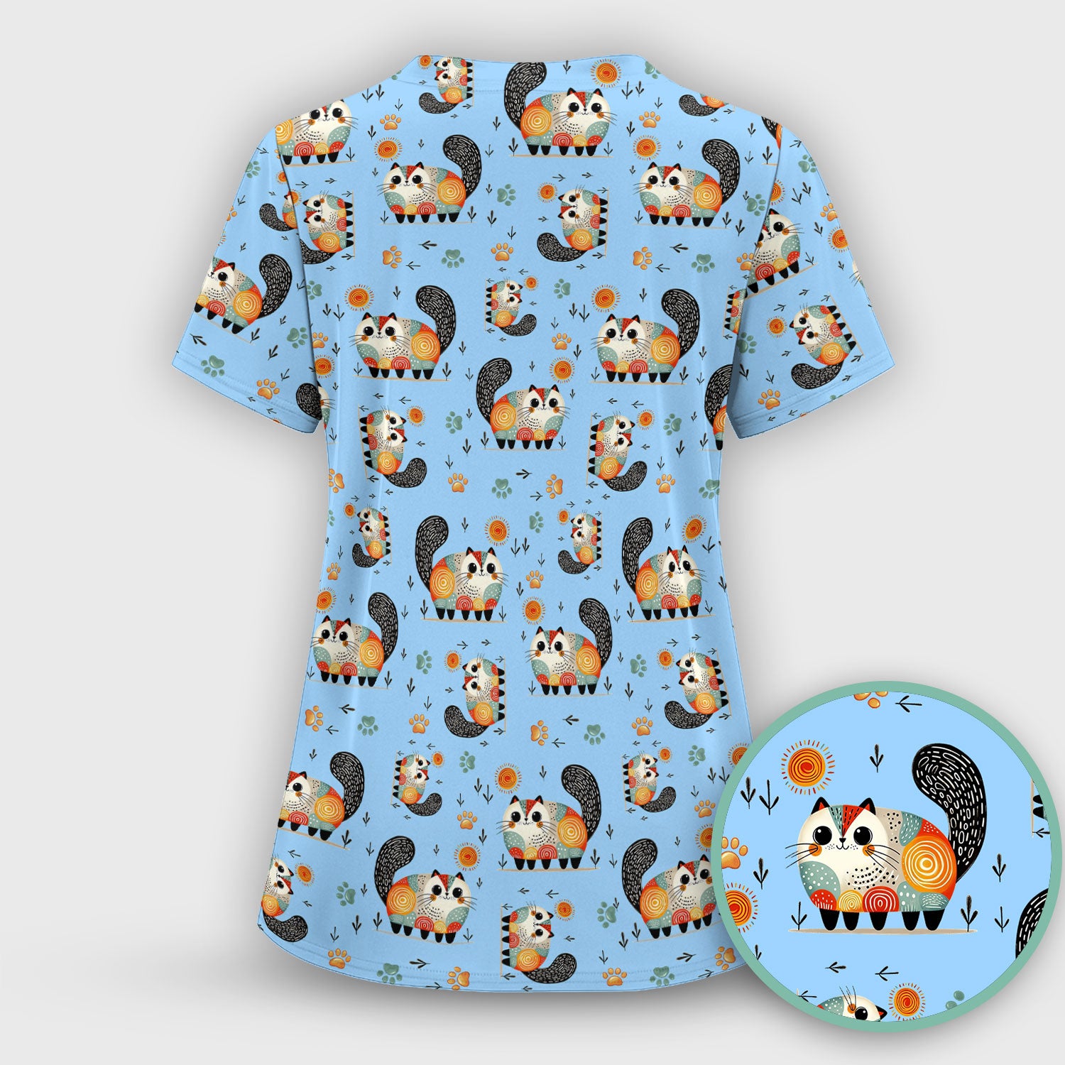 Playful Cat Illustration Nurse Scrub Top, Comfortable Scrubs for Nurses