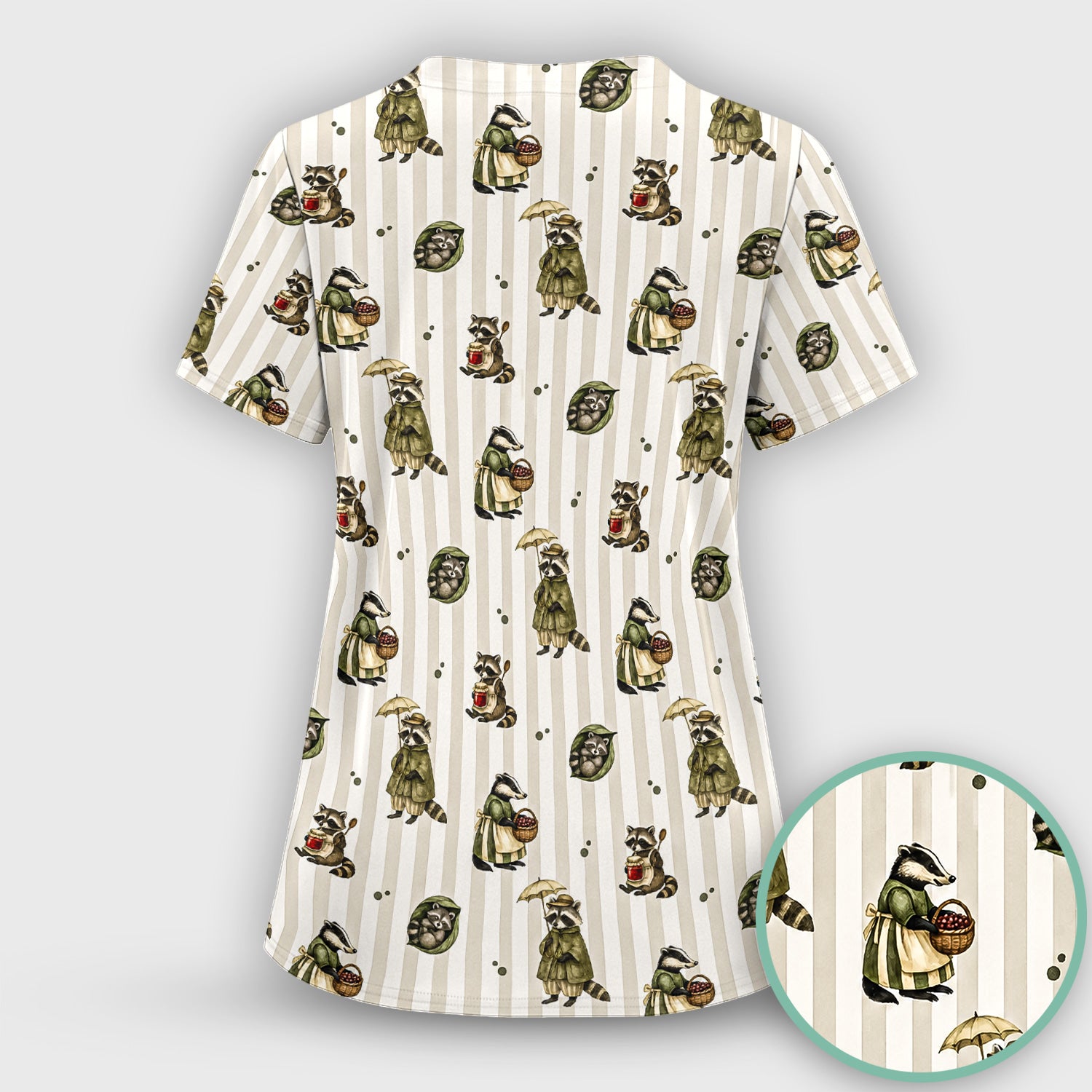 Cute Woodland Raccoon Print Scrub Set, Scrub Pants and V Neck Top