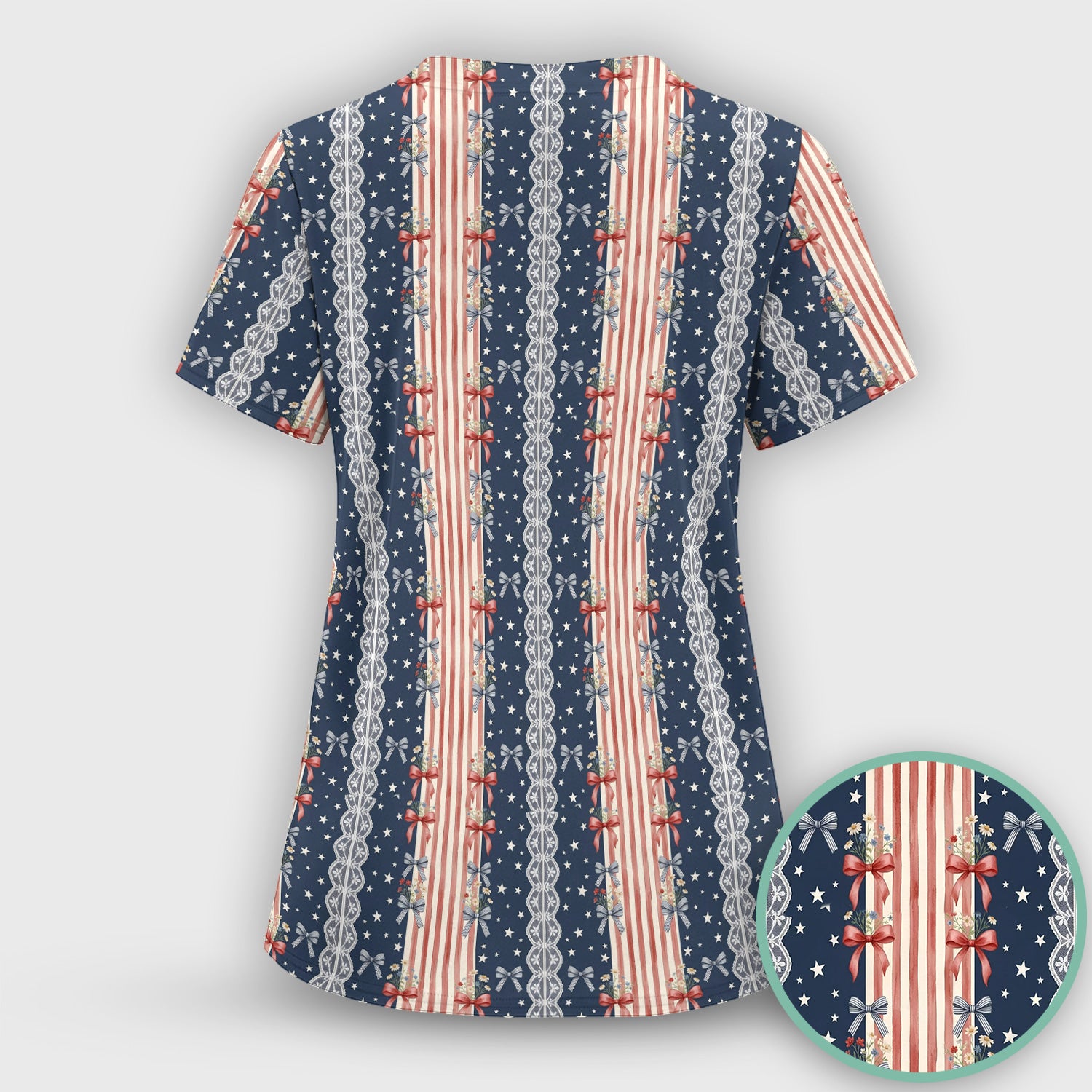 Patriotic Bow Lace Stripe Pattern Scrub Set, Scrub Pants and V Neck Top