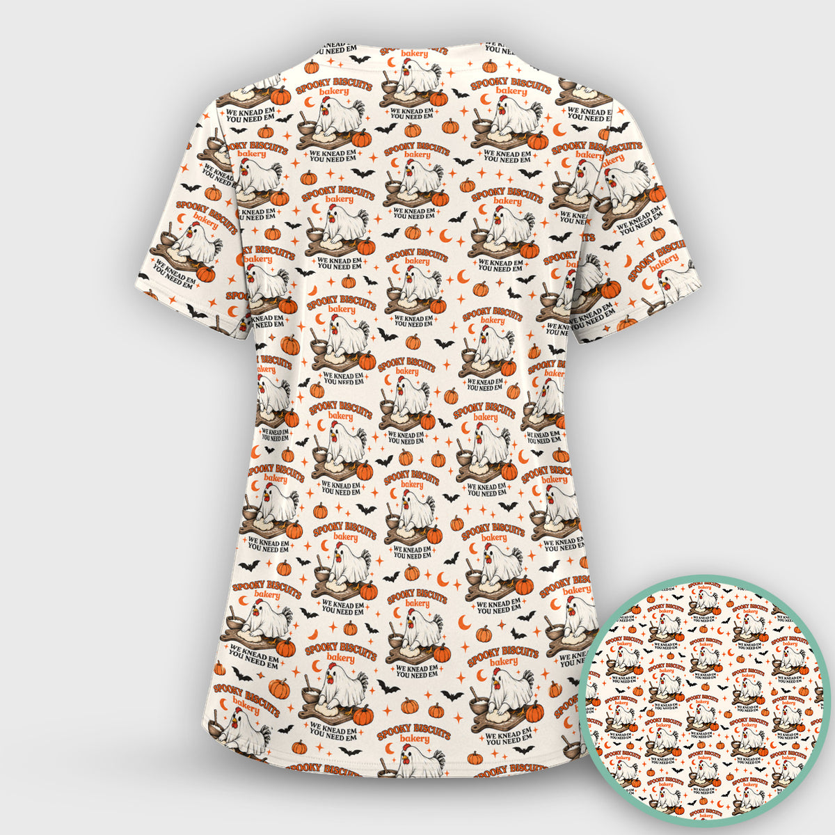 Halloween Spooky Biscuits Chicken Pattern Scrub Top, Comfortable Scrubs for Nurses