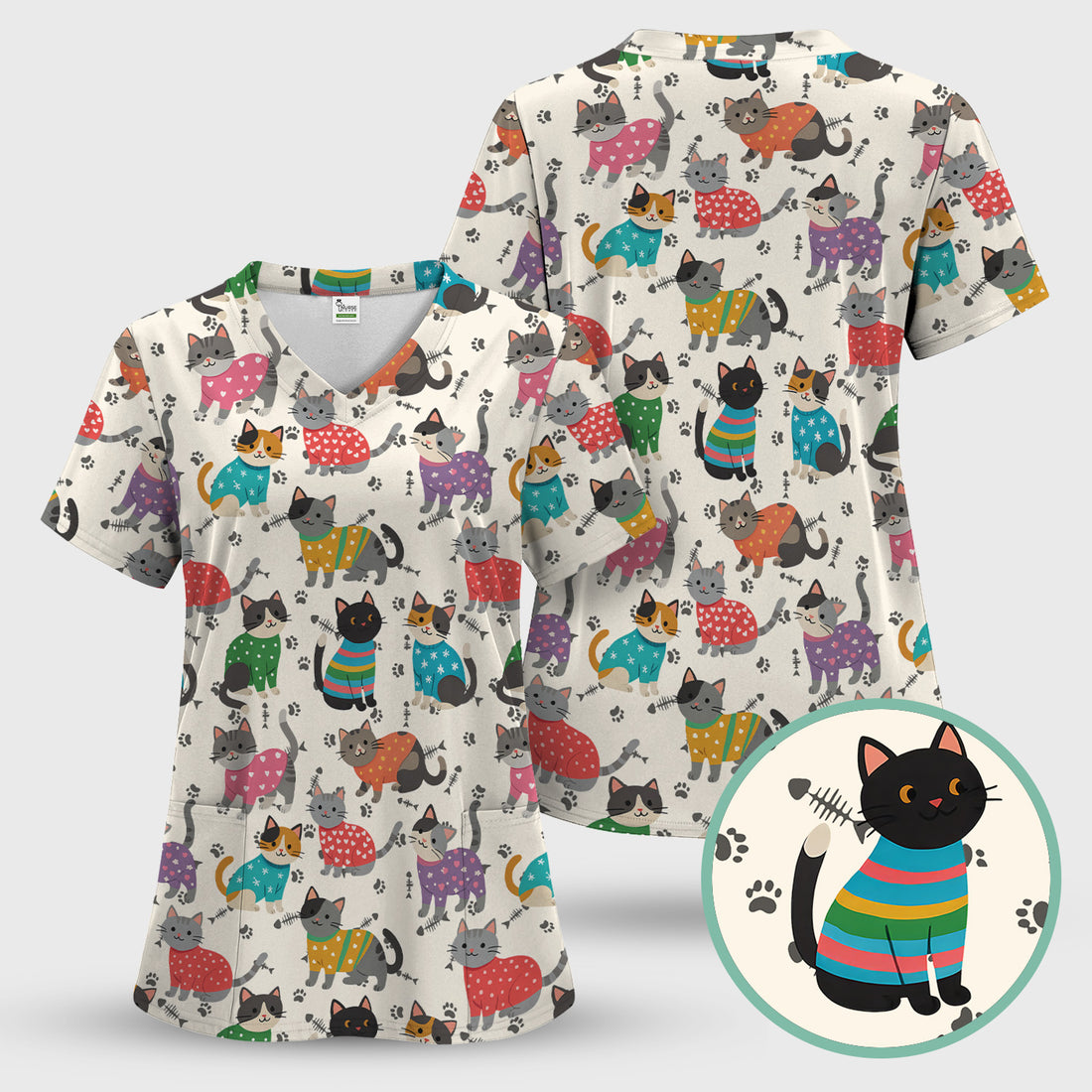 Cute Cat Nurse Scrub Top Multi Color - Funny Kitty Print Scrub Shirt for Women - Colorful Nursing Work Shirt with Pockets