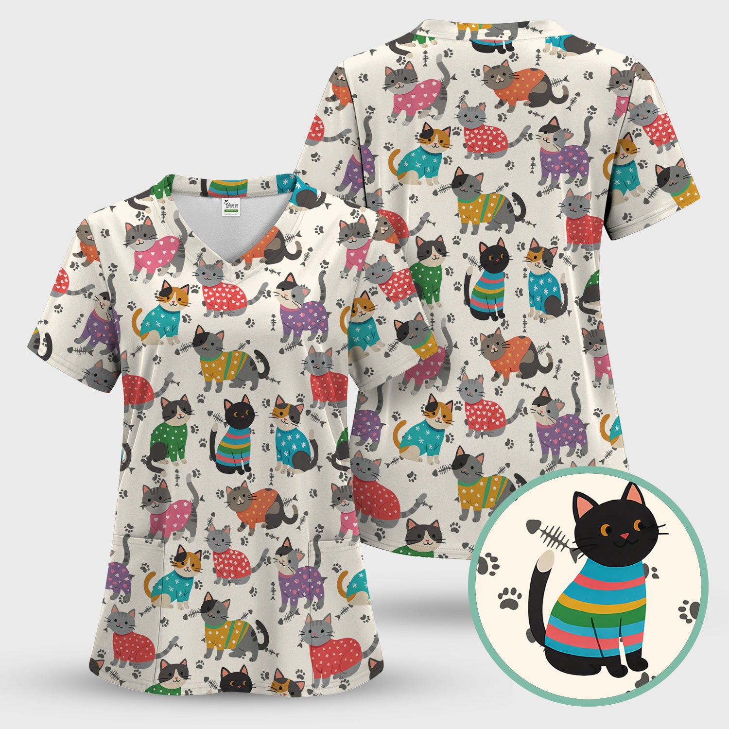 Cute Cat Nurse Scrub Top Multi Color - Funny Kitty Print Scrub Shirt for Women - Colorful Nursing Work Shirt with Pockets
