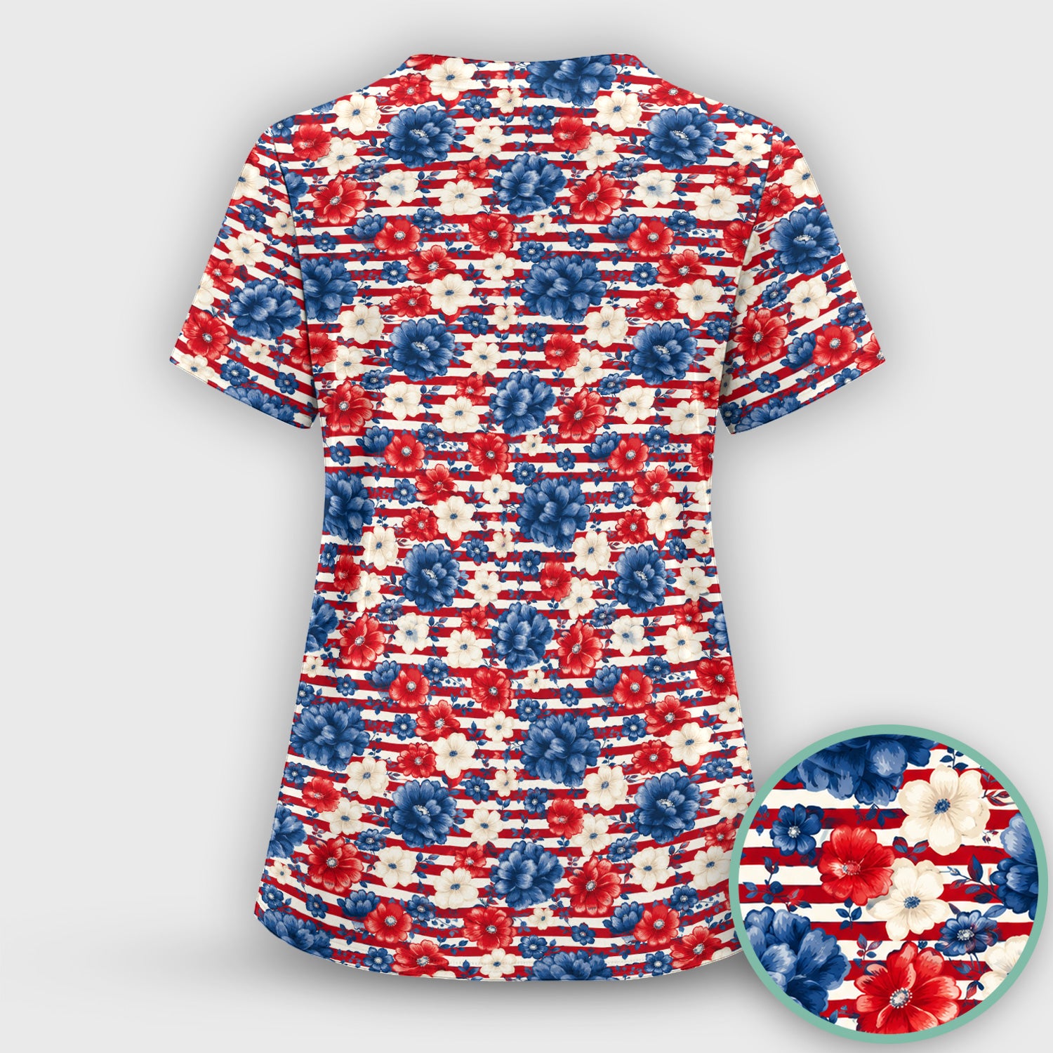 Patriotic Nurse Floral Stripe Pattern Scrub Set, Scrub Pants and V Neck Top